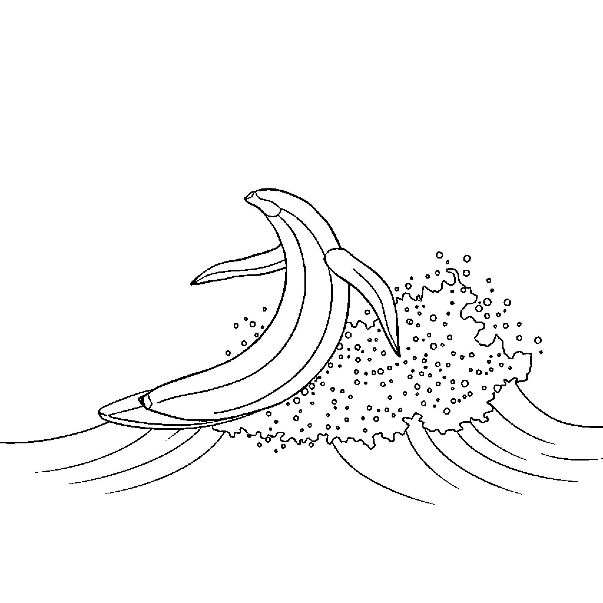 Banana surfing playfully on ocean waves Coloring Page (free black-and-white line drawing printable PDF for all, from beginners to advanced learners, including children, teens, adults, and seniors)