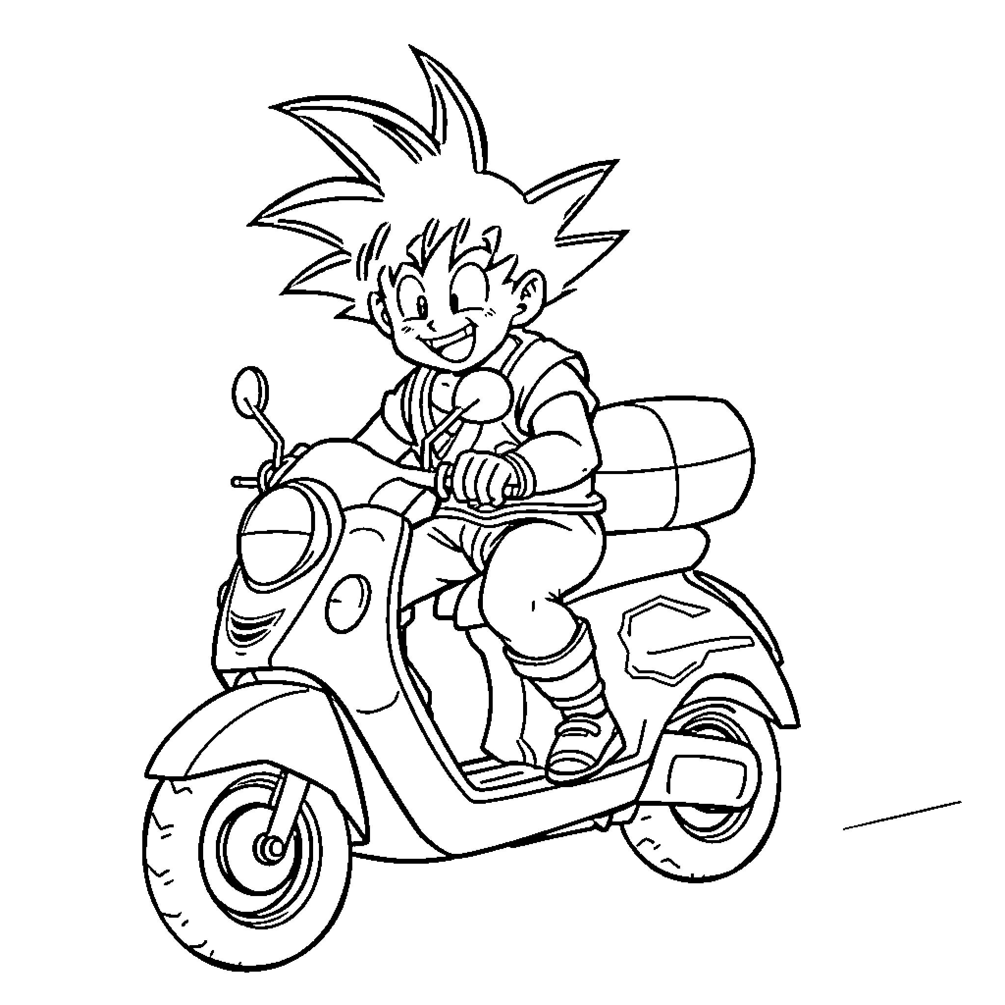 Son Goku riding a motorcycle with enthusiasm Coloring Page (free black-and-white line drawing printable PDF for all, from beginners to advanced learners, including children, teens, adults, and seniors)