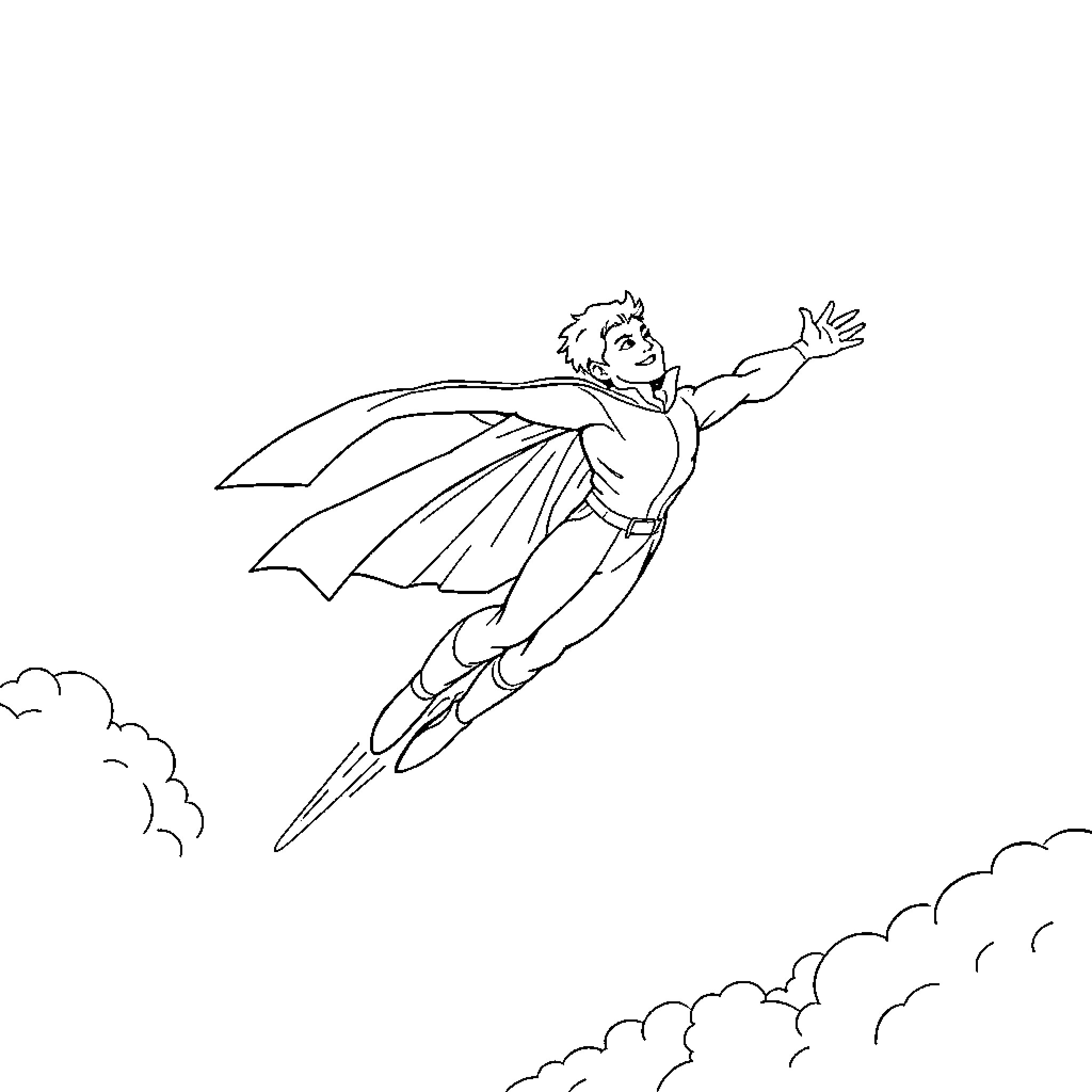 Hero Flying Through the Clouds Coloring Page (free black-and-white line drawing printable PDF for all, from beginners to advanced learners, including children, teens, adults, and seniors)