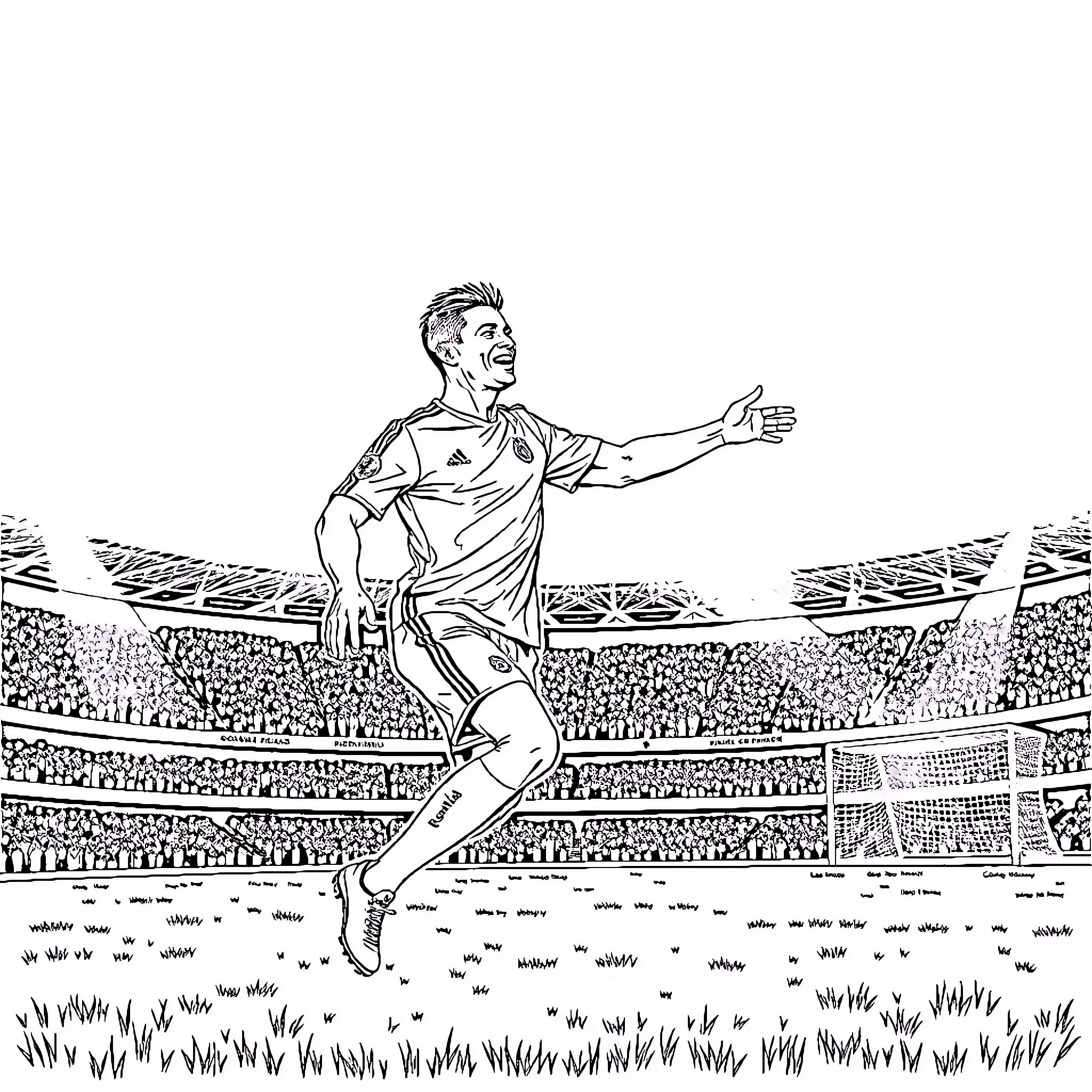 Ronaldo celebrating goal in a stadium Coloring Page (free black-and-white line drawing printable PDF for all, from beginners to advanced learners, including children, teens, adults, and seniors)