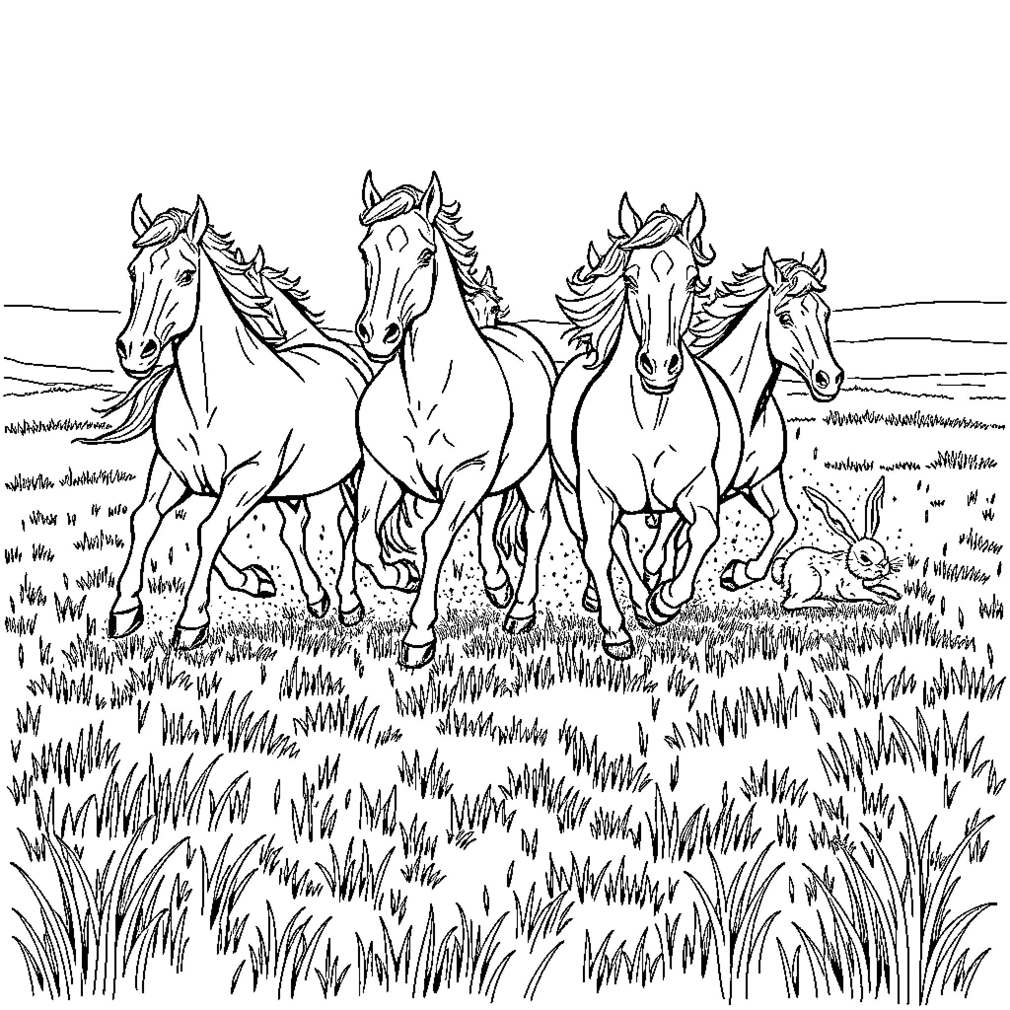 Horse herd galloping through grassy field Coloring Page (free black-and-white line drawing printable PDF for all, from beginners to advanced learners, including children, teens, adults, and seniors)