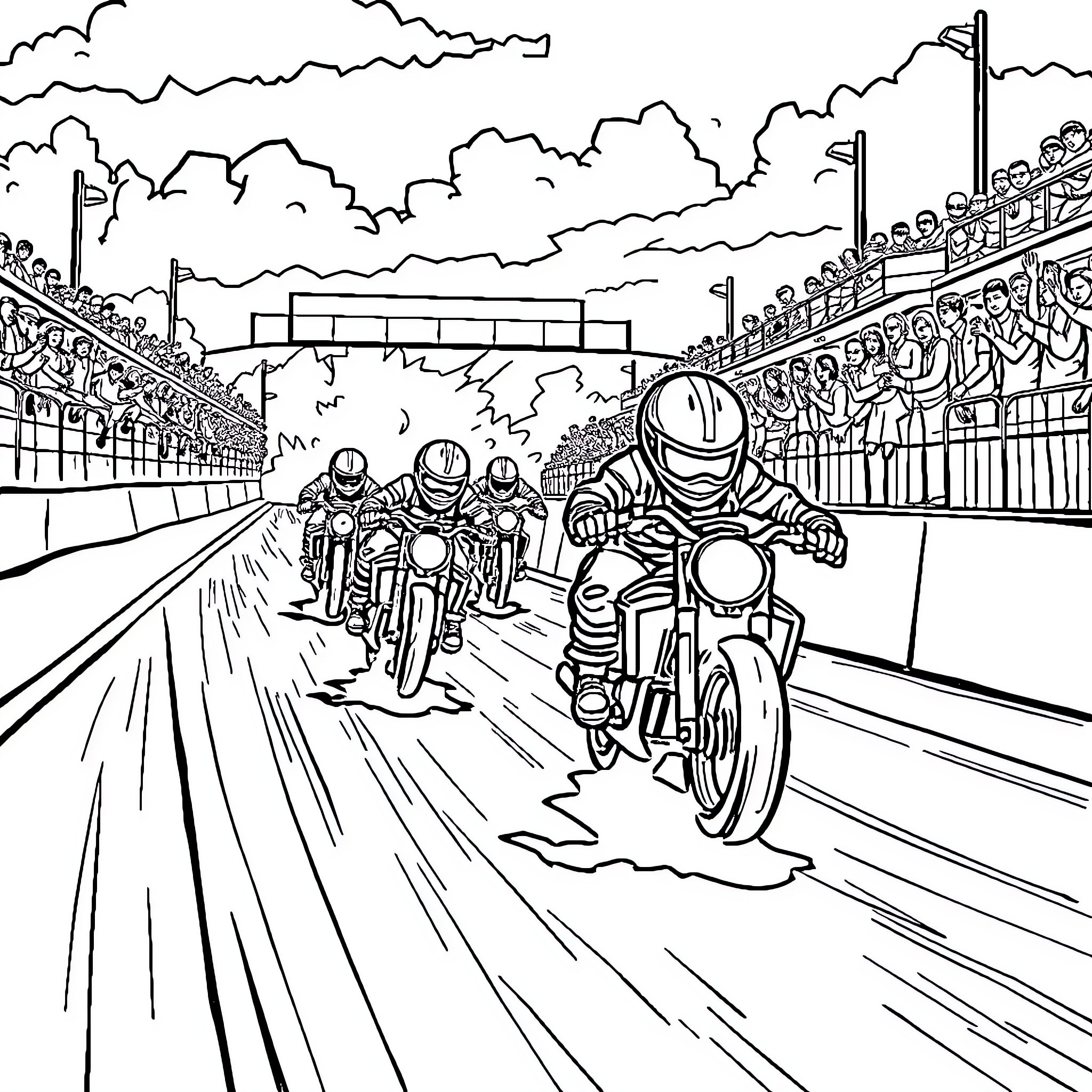 Mini Bike Racing on Track with Spectators Coloring Page (free black-and-white line drawing printable PDF for all, from beginners to advanced learners, including children, teens, adults, and seniors)