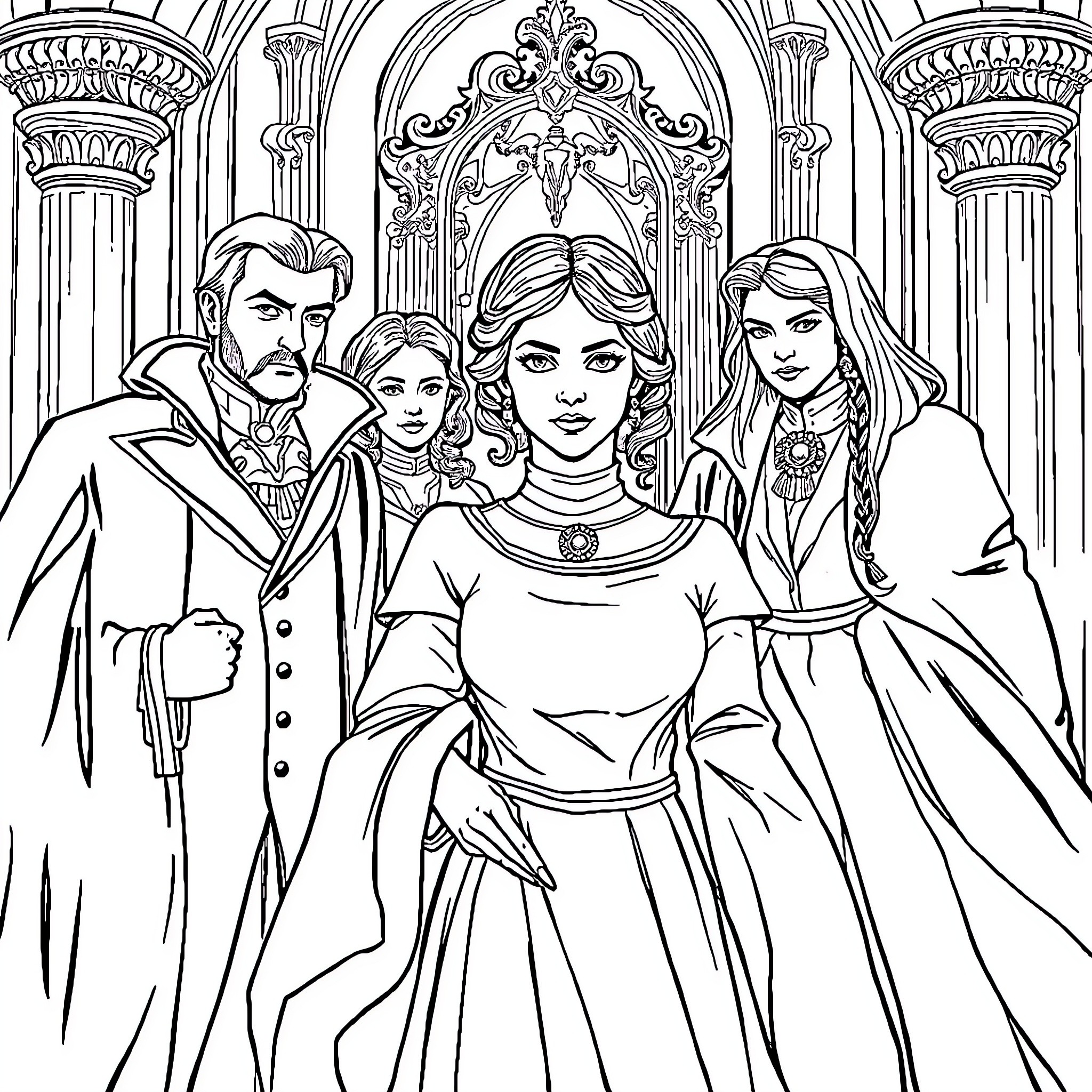 Noble Man and Ladies in Elegant Period Attire Coloring Page (free black-and-white line drawing printable PDF for all, from beginners to advanced learners, including children, teens, adults, and seniors)