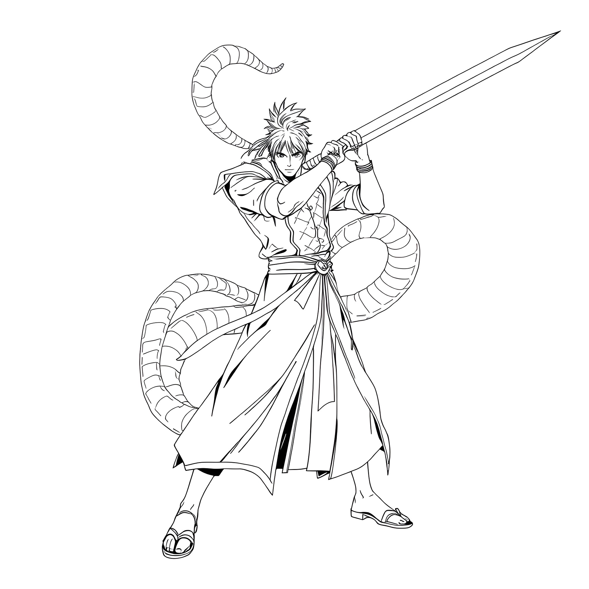 Renji wielding sword with determination Coloring Page (free black-and-white line drawing printable PDF for all, from beginners to advanced learners, including children, teens, adults, and seniors)