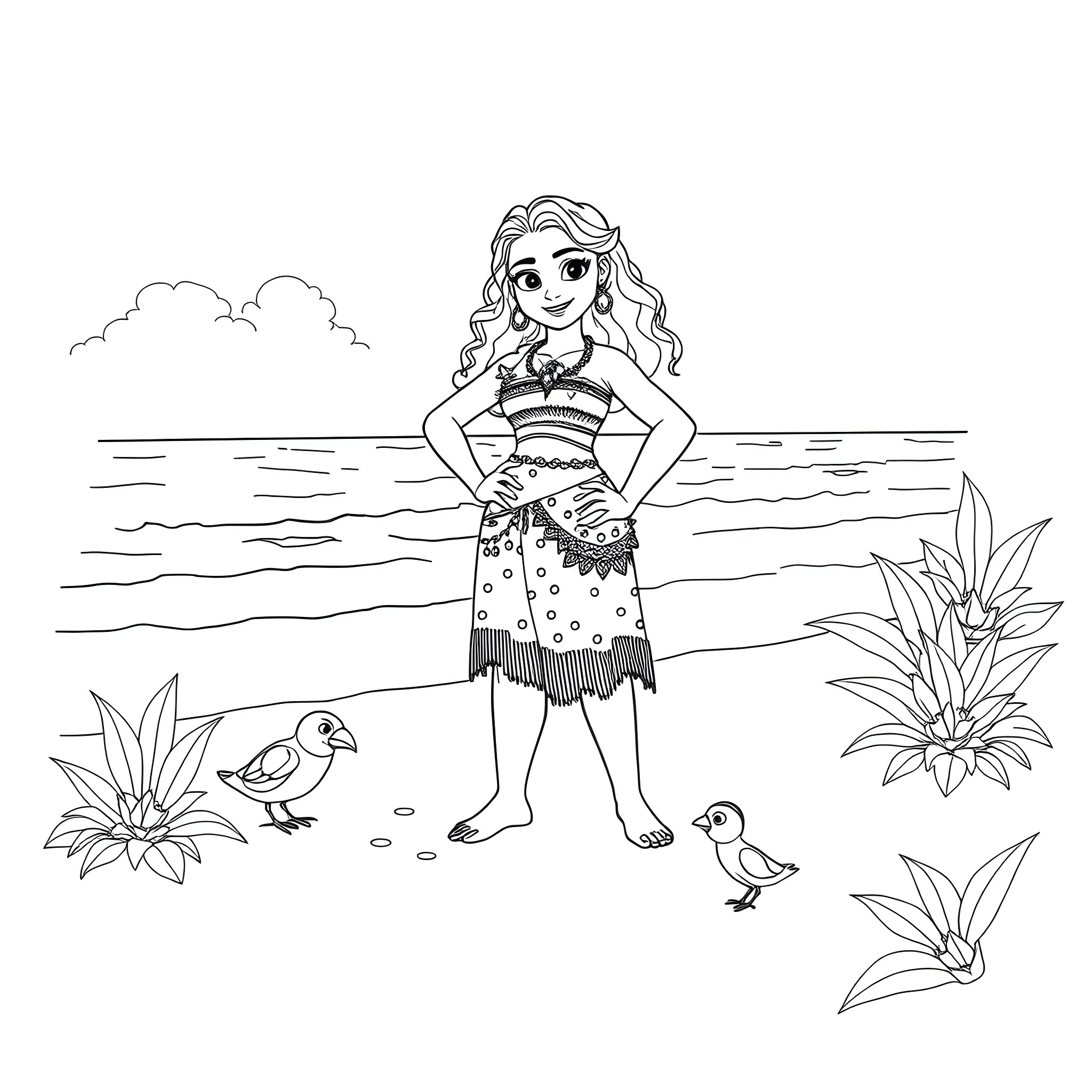 Moana exploring the beach with her animal friends Coloring Page (free black-and-white line drawing printable PDF for all, from beginners to advanced learners, including children, teens, adults, and seniors)