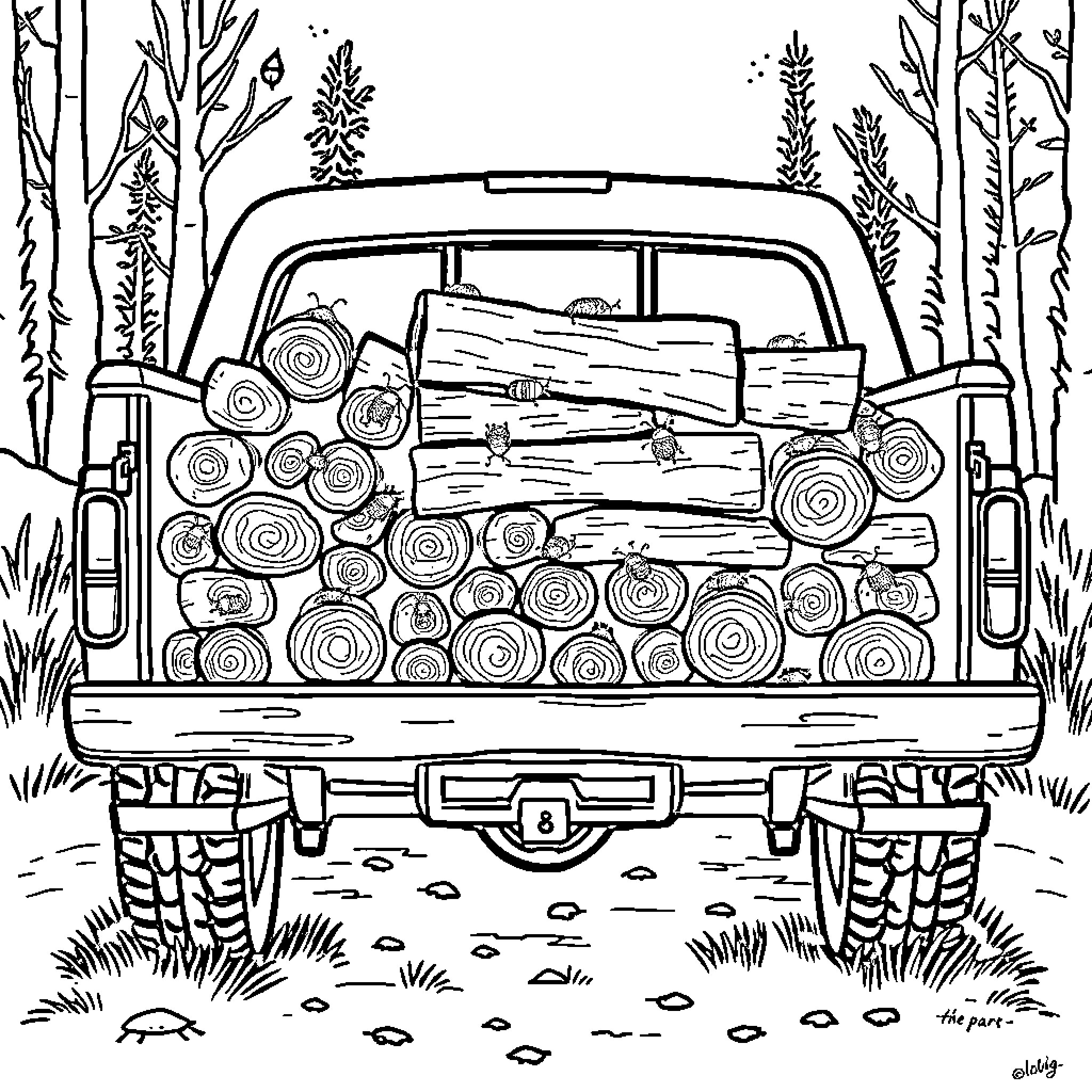 Bug hauling logs through woodland scenery Coloring Page (free black-and-white line drawing printable PDF for all, from beginners to advanced learners, including children, teens, adults, and seniors)