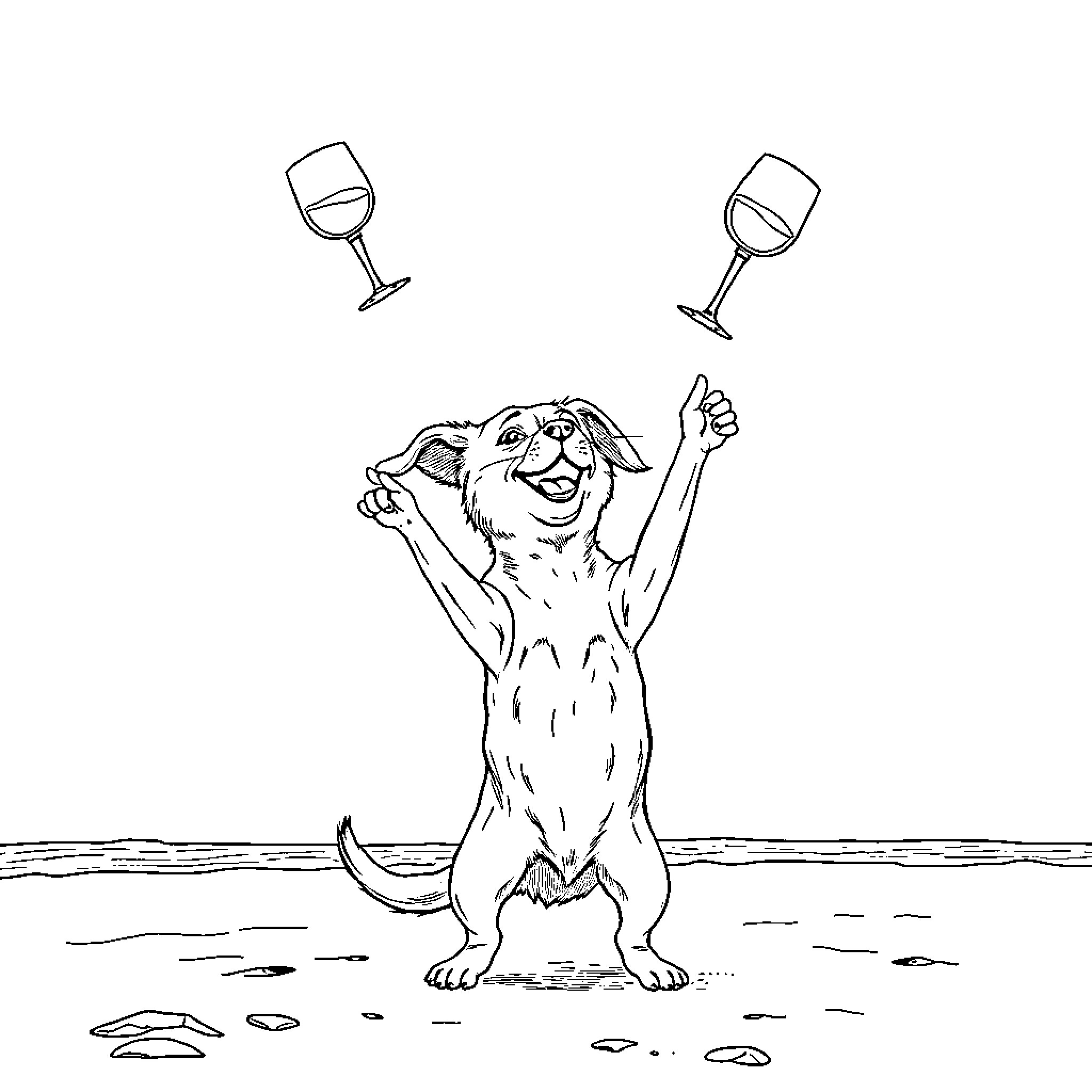 Dog celebrating with wine glasses Coloring Page (free black-and-white line drawing printable PDF for all, from beginners to advanced learners, including children, teens, adults, and seniors)