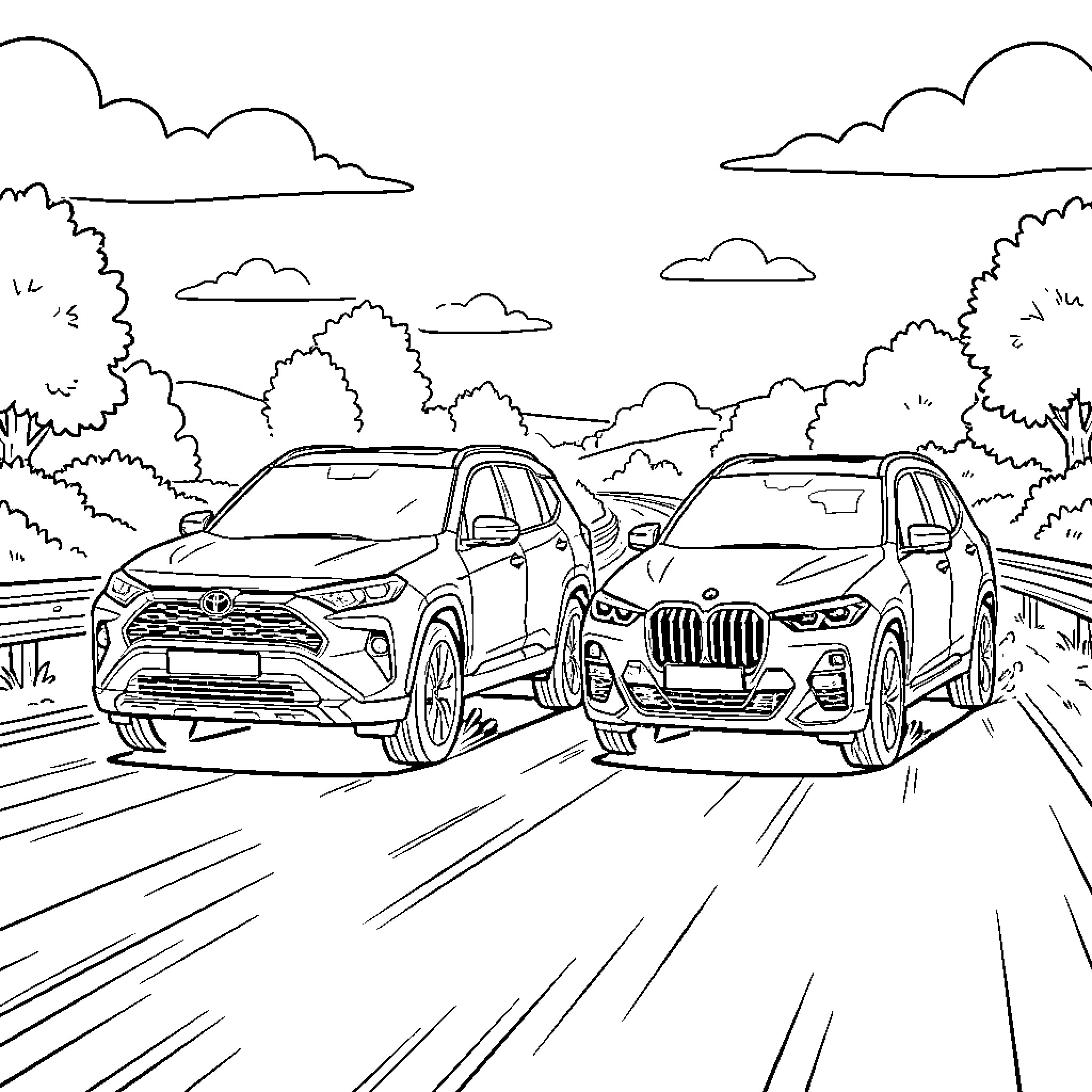 Car driving side by side on a scenic road Coloring Page (free black-and-white line drawing printable PDF for all, from beginners to advanced learners, including children, teens, adults, and seniors)