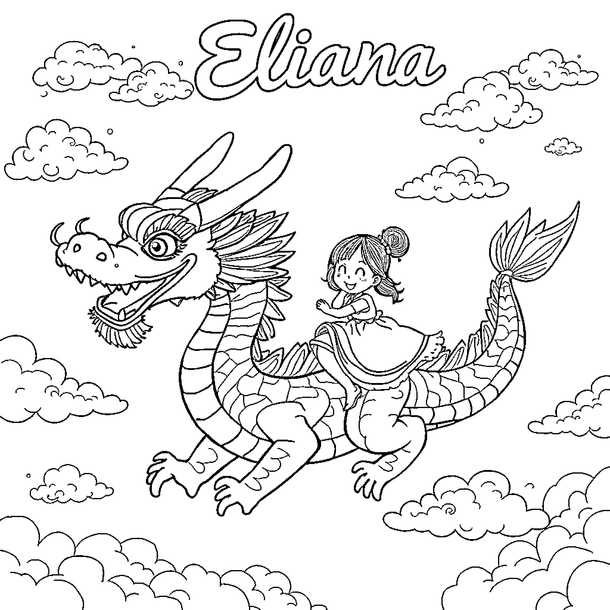 Dragon and Princess Soaring in the Clouds Coloring Page (free black-and-white line drawing printable PDF for all, from beginners to advanced learners, including children, teens, adults, and seniors)