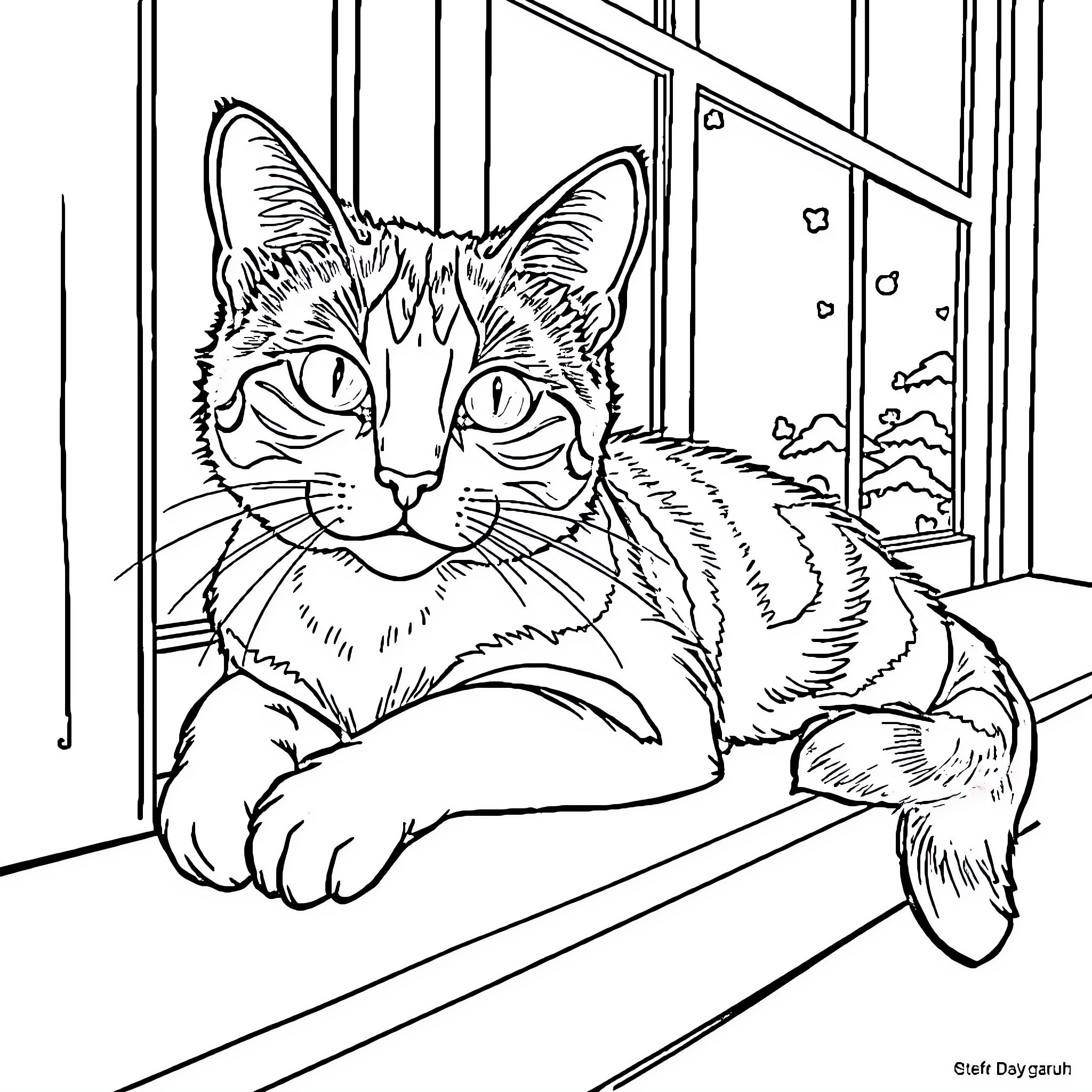 Calico Cat Resting by the Window Coloring Page (free black-and-white line drawing printable PDF for all, from beginners to advanced learners, including children, teens, adults, and seniors)