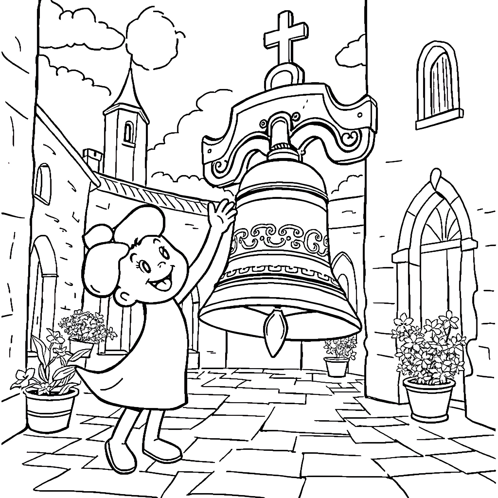 Bluey exploring a quaint church in a charming town Coloring Page (free black-and-white line drawing printable PDF for all, from beginners to advanced learners, including children, teens, adults, and seniors)