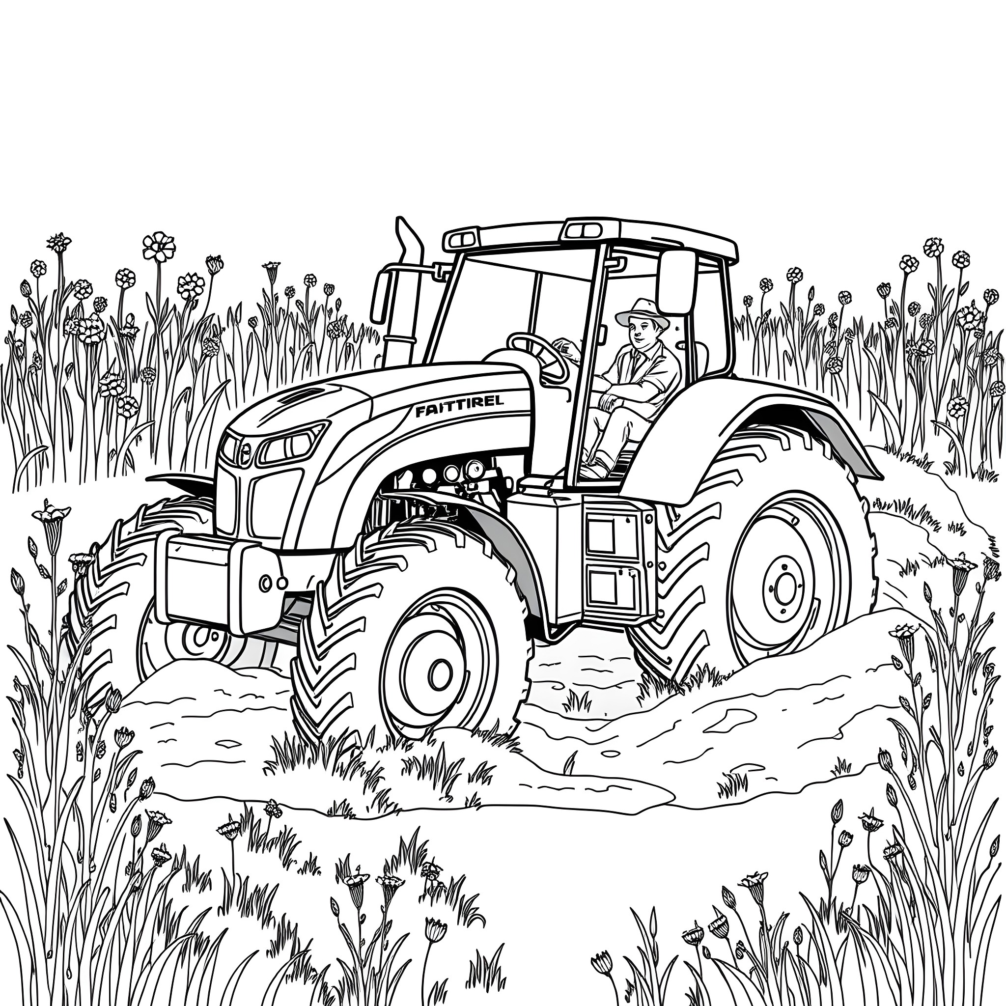 Tractor working in field with plants and flowers Coloring Page (free black-and-white line drawing printable PDF for all, from beginners to advanced learners, including children, teens, adults, and seniors)
