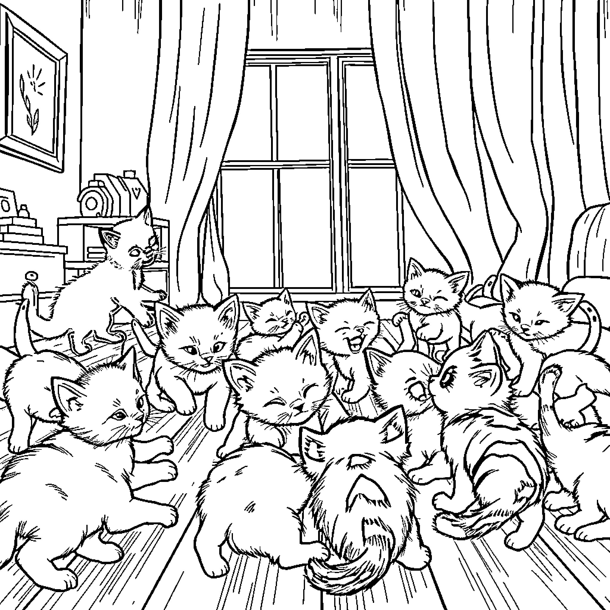 Kitten companions gathered in a cozy room Coloring Page (free black-and-white line drawing printable PDF for all, from beginners to advanced learners, including children, teens, adults, and seniors)