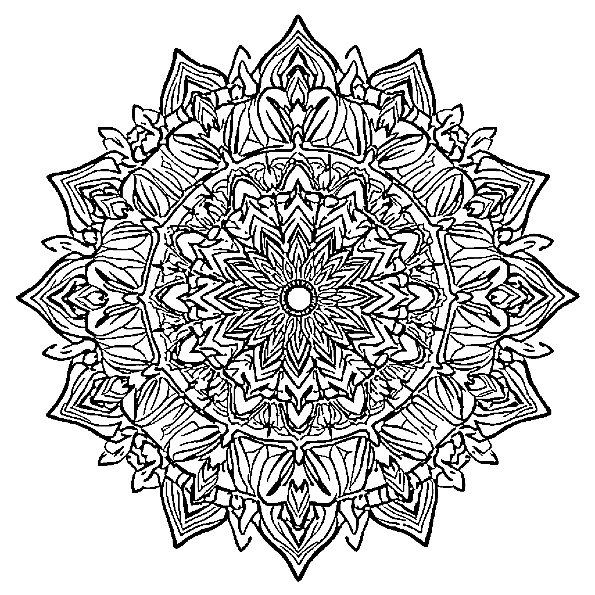 Mandala of intricate floral designs Coloring Page (free black-and-white line drawing printable PDF for all, from beginners to advanced learners, including children, teens, adults, and seniors)