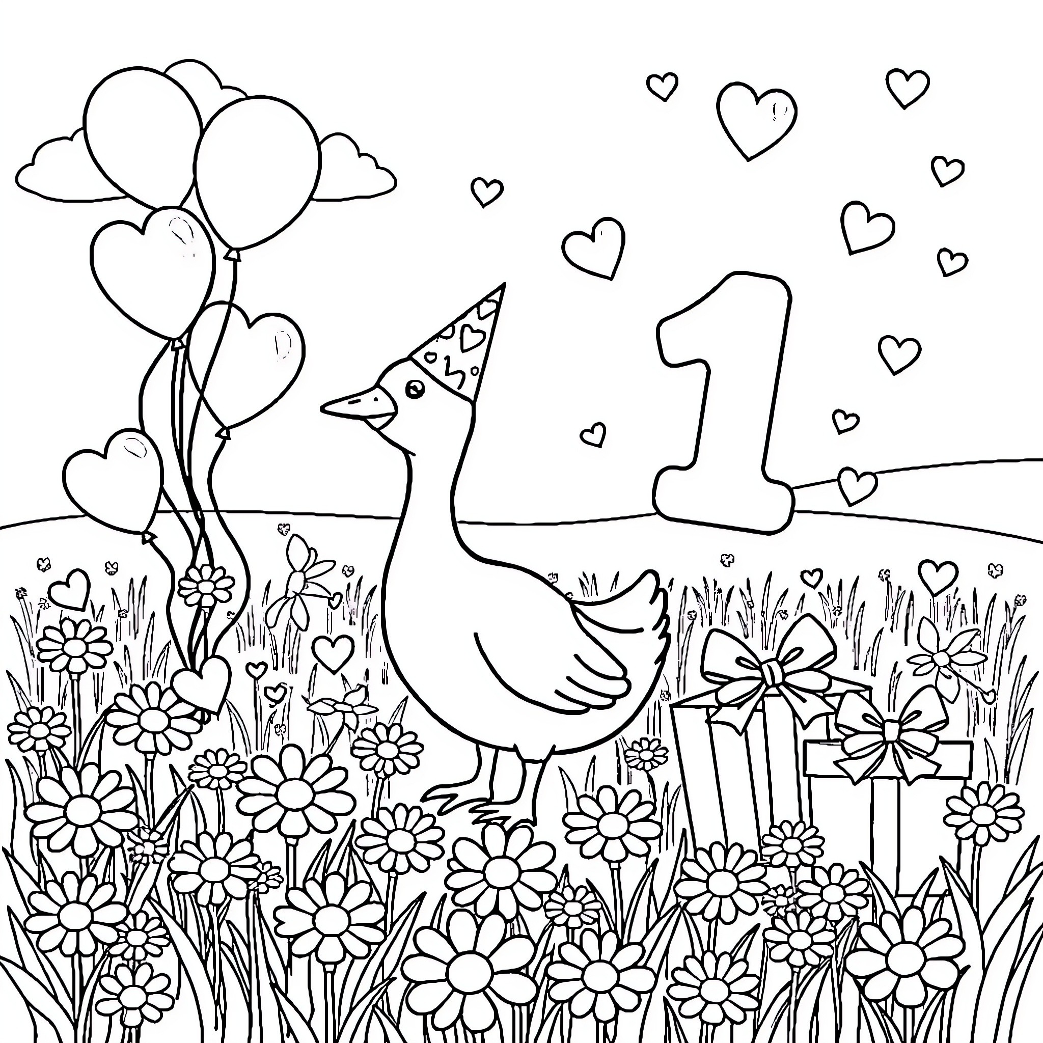 Goose celebrating first birthday with balloons and flowers Coloring Page (free black-and-white line drawing printable PDF for all, from beginners to advanced learners, including children, teens, adults, and seniors)