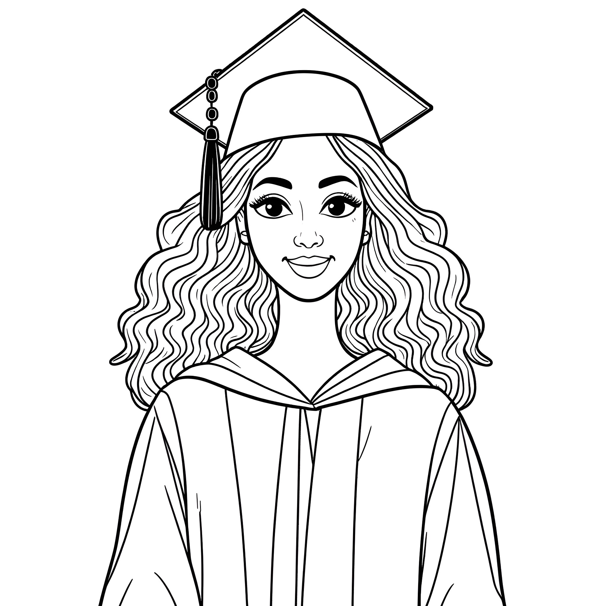 Woman in Graduation Attire Coloring Page (free black-and-white line drawing printable PDF for all, from beginners to advanced learners, including children, teens, adults, and seniors)