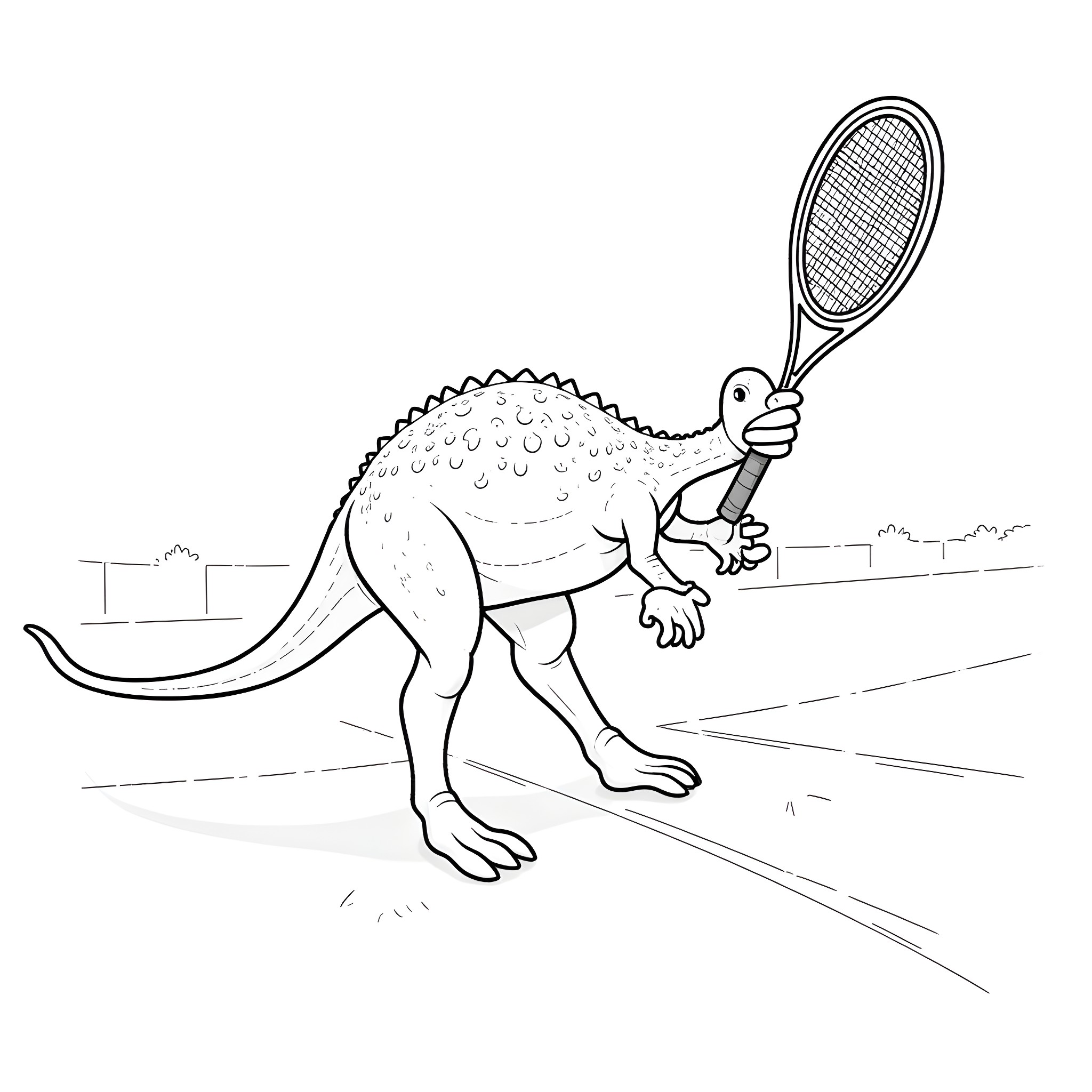 Spinosaurus playing tennis on a court Coloring Page (free black-and-white line drawing printable PDF for all, from beginners to advanced learners, including children, teens, adults, and seniors)
