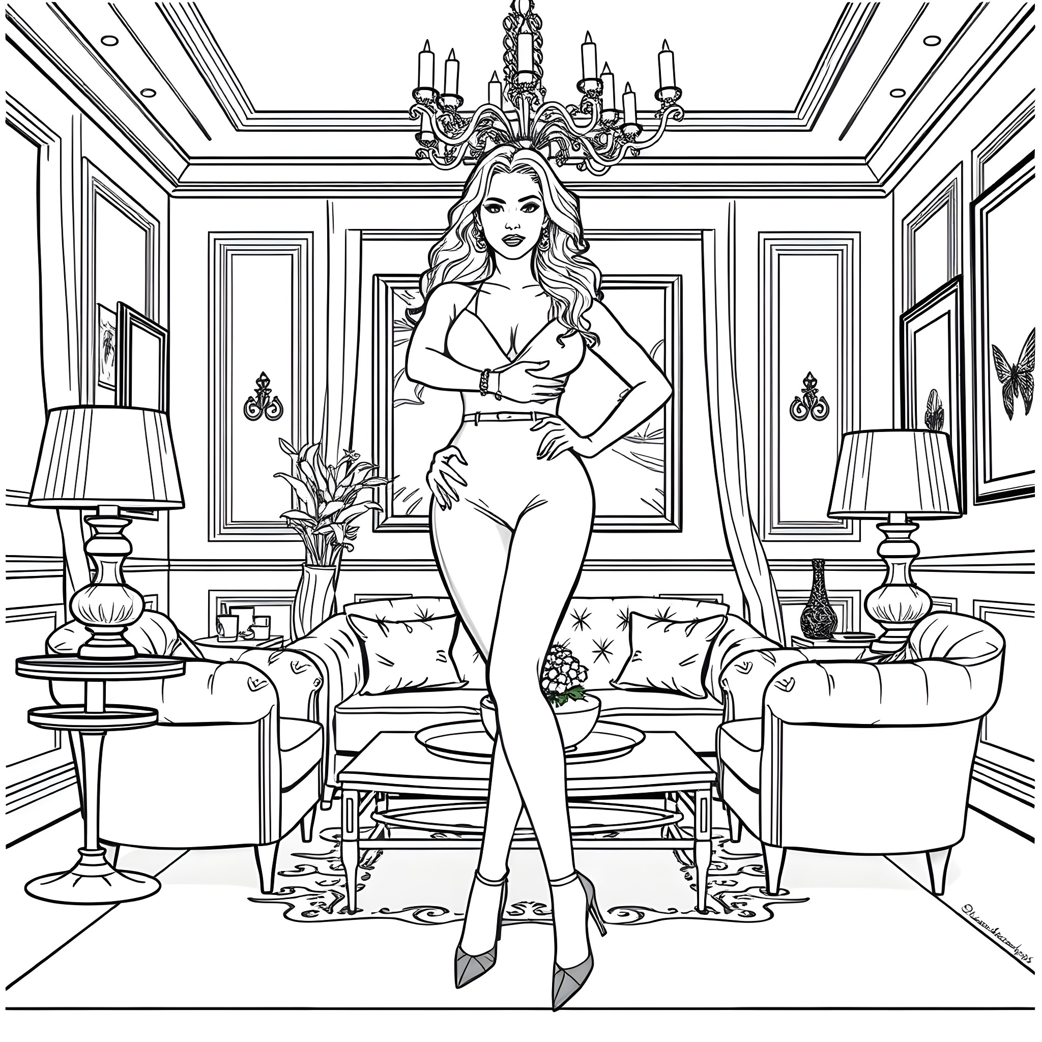 Imaubreykeys Elegant Woman Posing in Glamorous Interior Coloring Page (free black-and-white line drawing printable PDF for all, from beginners to advanced learners, including children, teens, adults, and seniors)