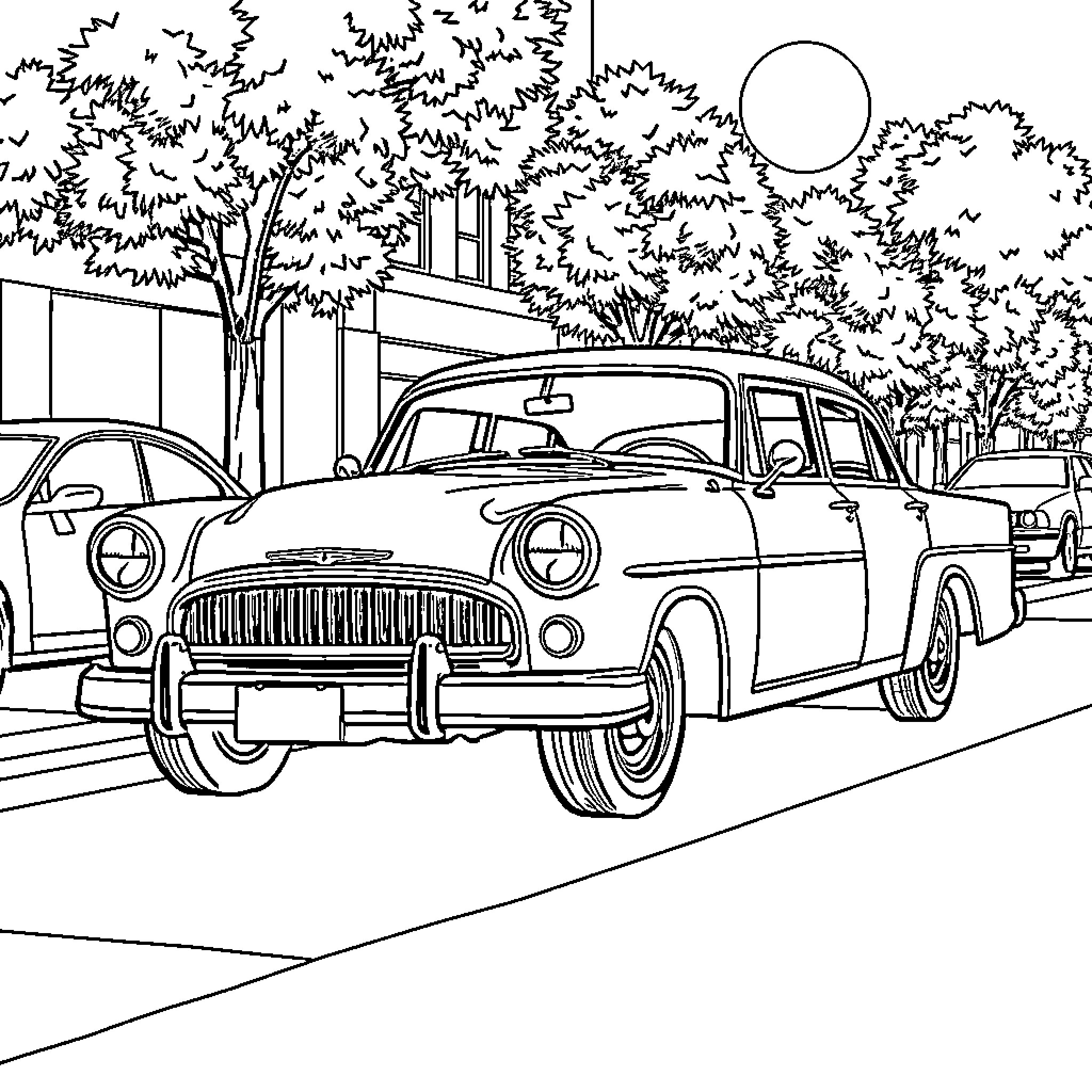 Autoclassic cars parked in tranquil neighborhood Coloring Page (free black-and-white line drawing printable PDF for all, from beginners to advanced learners, including children, teens, adults, and seniors)
