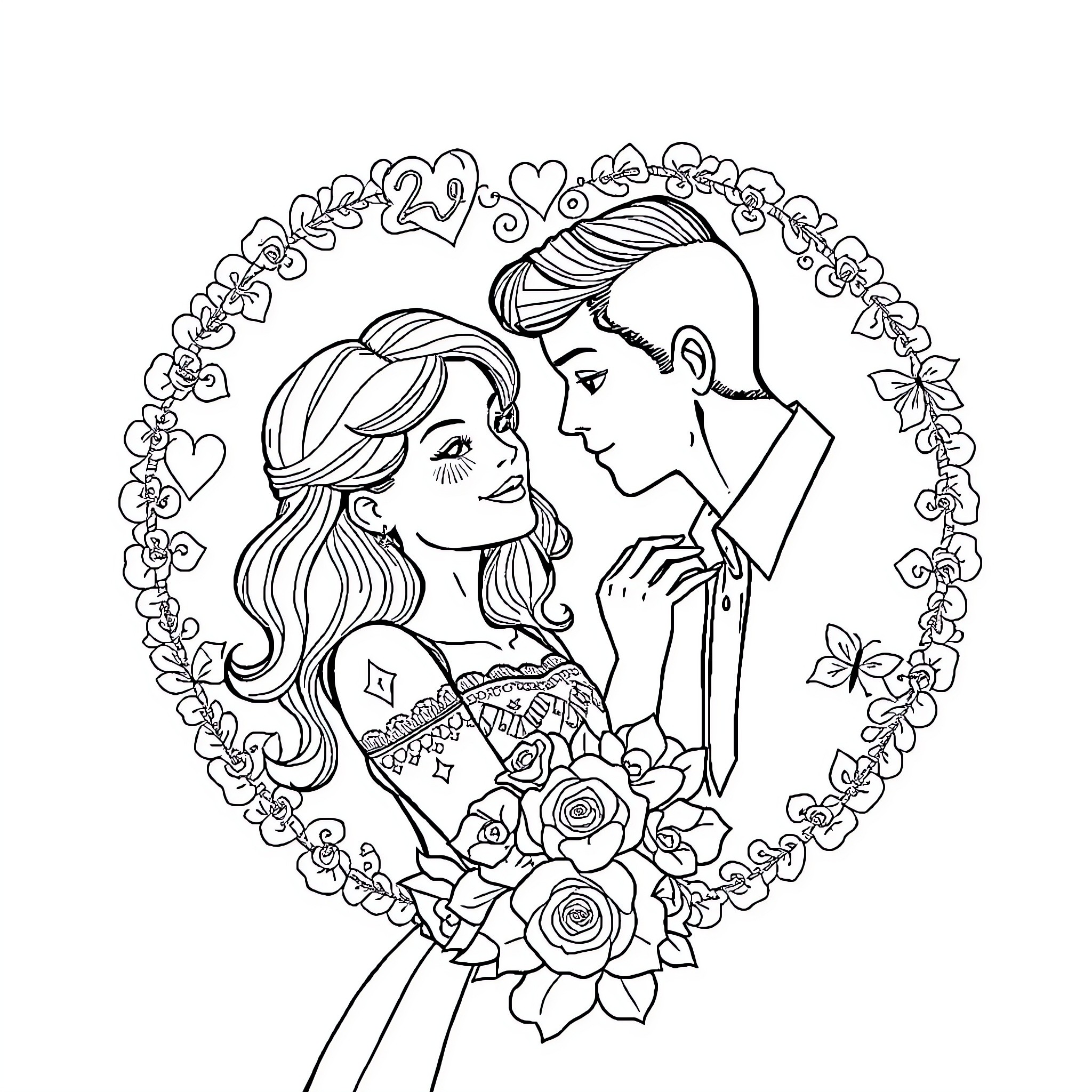 Fiancé's Romantic Embrace with Bouquet Coloring Page (free black-and-white line drawing printable PDF for all, from beginners to advanced learners, including children, teens, adults, and seniors)