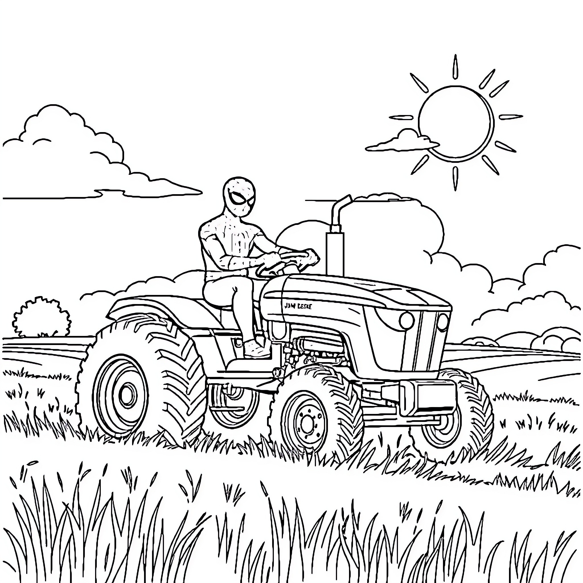 Spiderman driving a tractor through a countryside landscape Coloring Page (free black-and-white line drawing printable PDF for all, from beginners to advanced learners, including children, teens, adults, and seniors)