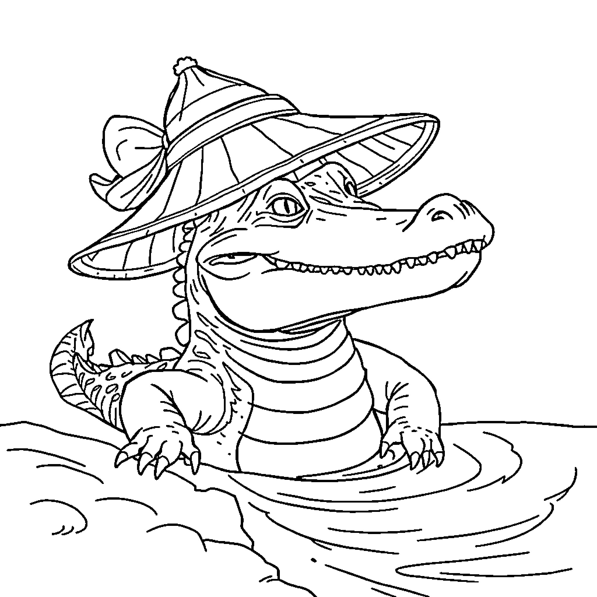 Crocodile wearing a funny hat in water Coloring Page (free black-and-white line drawing printable PDF for all, from beginners to advanced learners, including children, teens, adults, and seniors)