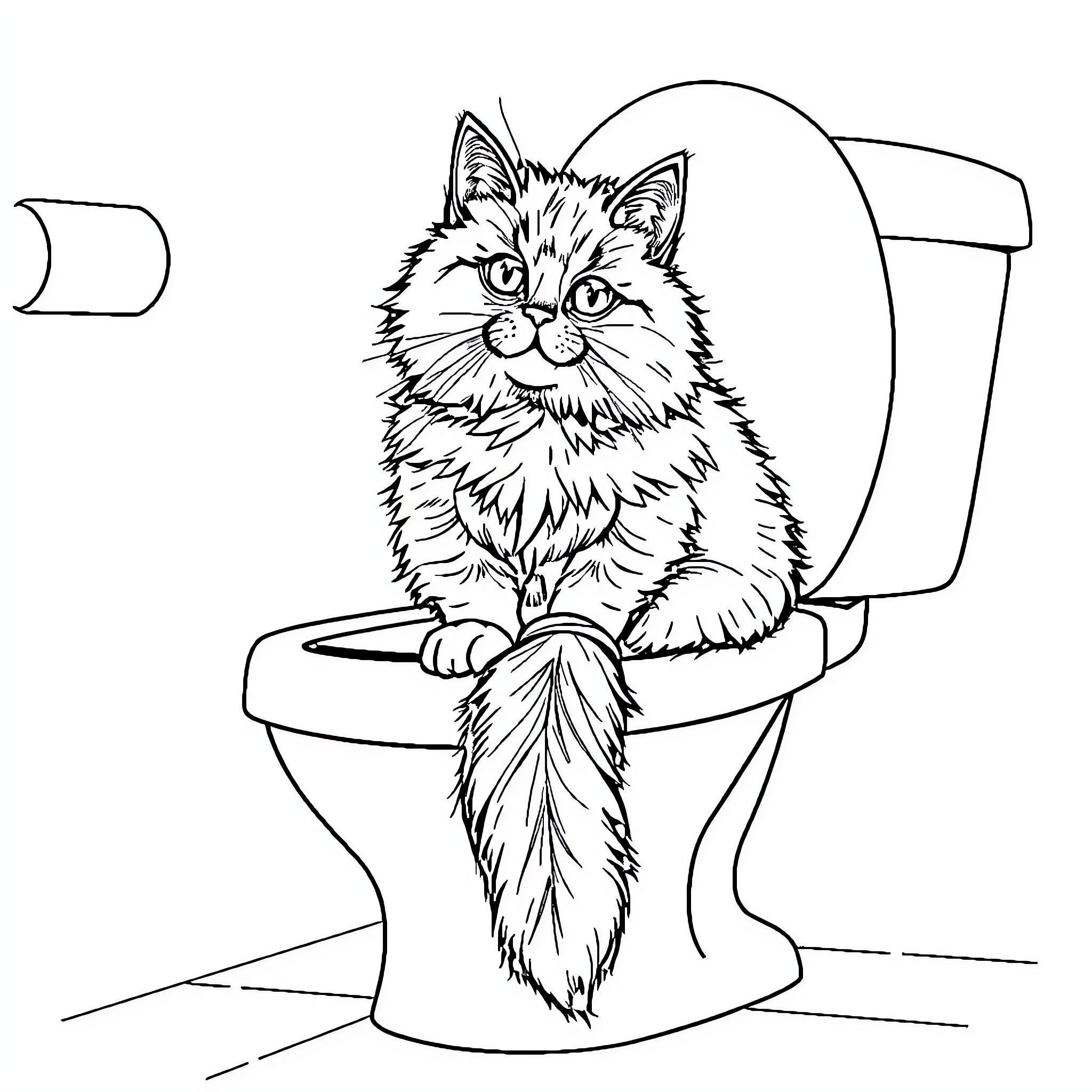 Animal sitting on toilet comically Coloring Page (free black-and-white line drawing printable PDF for all, from beginners to advanced learners, including children, teens, adults, and seniors)