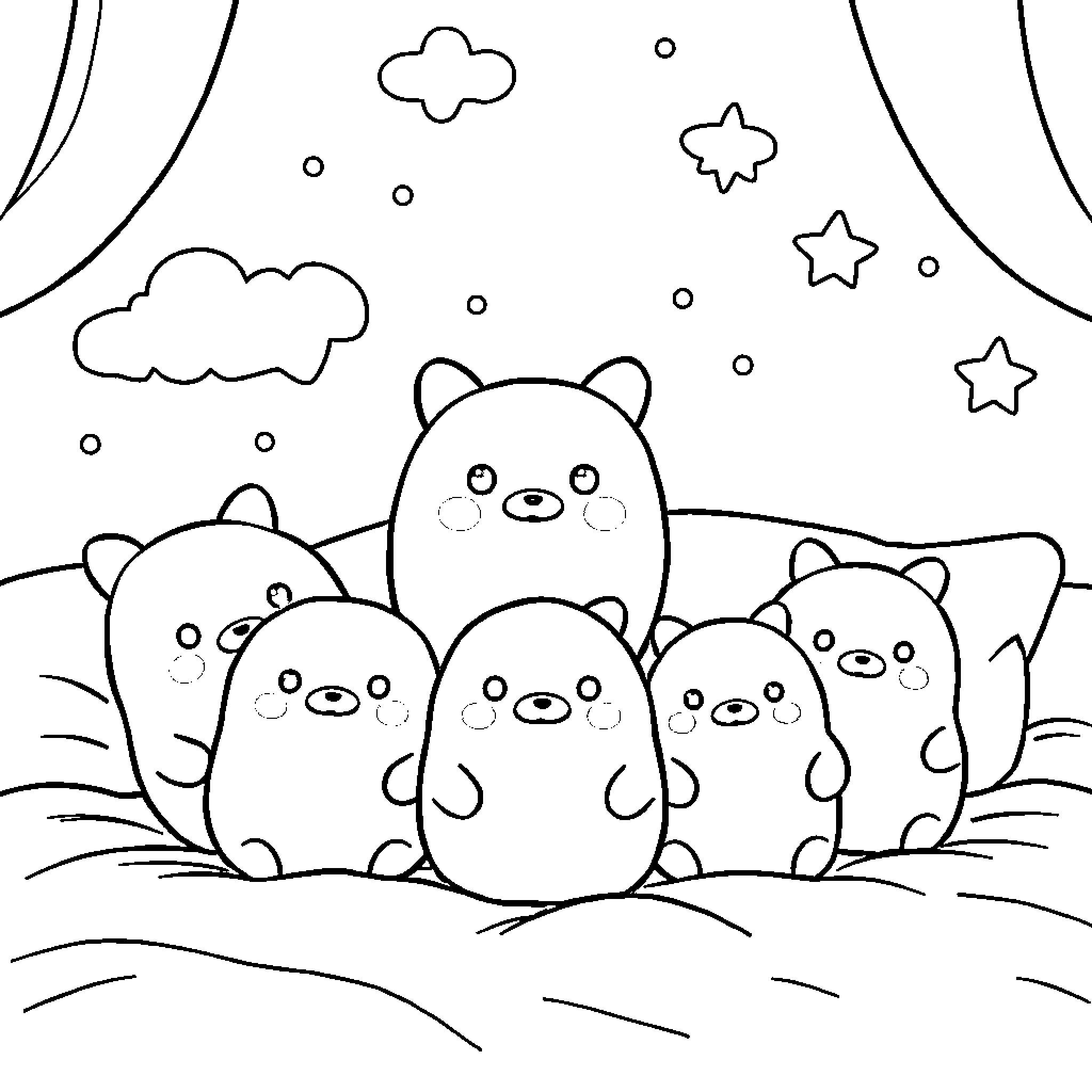 Squishmallow characters in a starry night scene Coloring Page (free black-and-white line drawing printable PDF for all, from beginners to advanced learners, including children, teens, adults, and seniors)