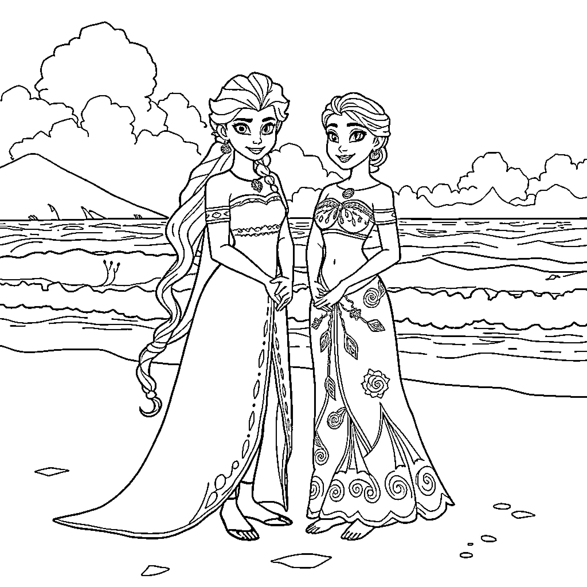 Elsa and Anna in Tropical Beach Attire Coloring Page (free black-and-white line drawing printable PDF for all, from beginners to advanced learners, including children, teens, adults, and seniors)