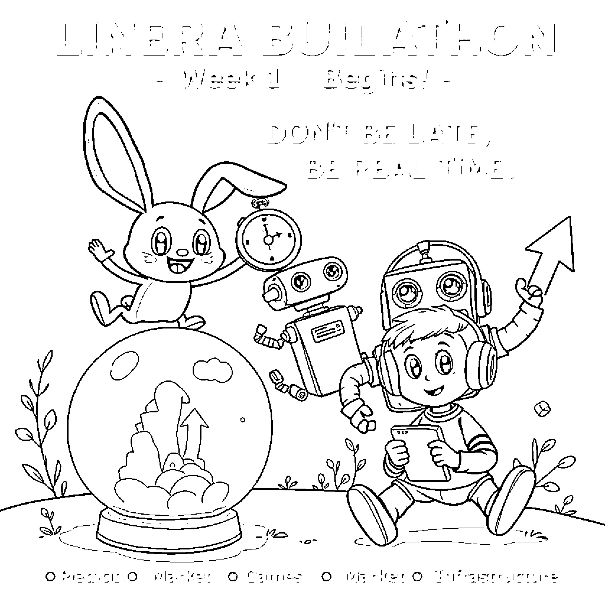 Rabbit and robot friends explore the galaxy Coloring Page (free black-and-white line drawing printable PDF for all, from beginners to advanced learners, including children, teens, adults, and seniors)