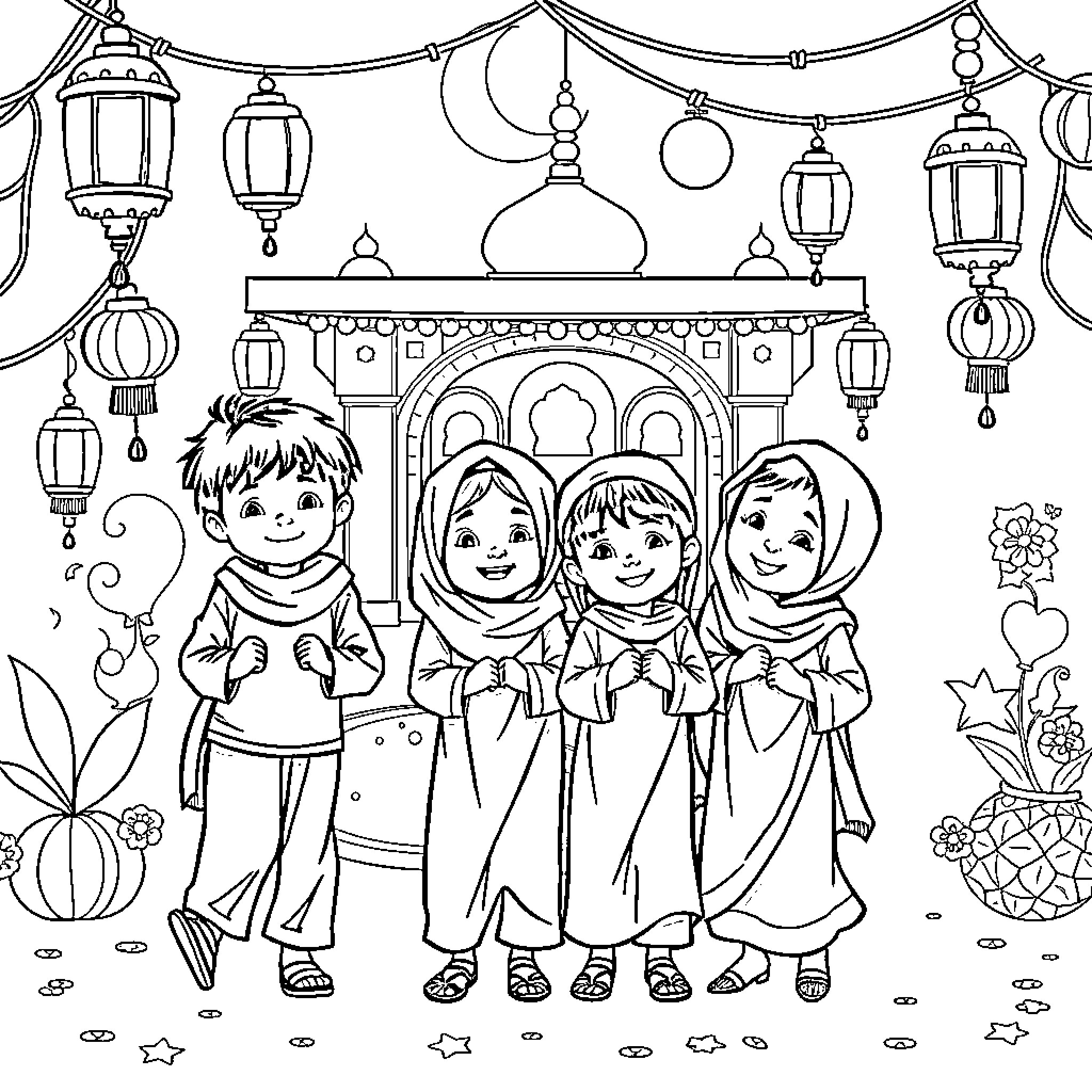 Kid Friends Exploring Decorative Islamic Architecture Coloring Page (free black-and-white line drawing printable PDF for all, from beginners to advanced learners, including children, teens, adults, and seniors)