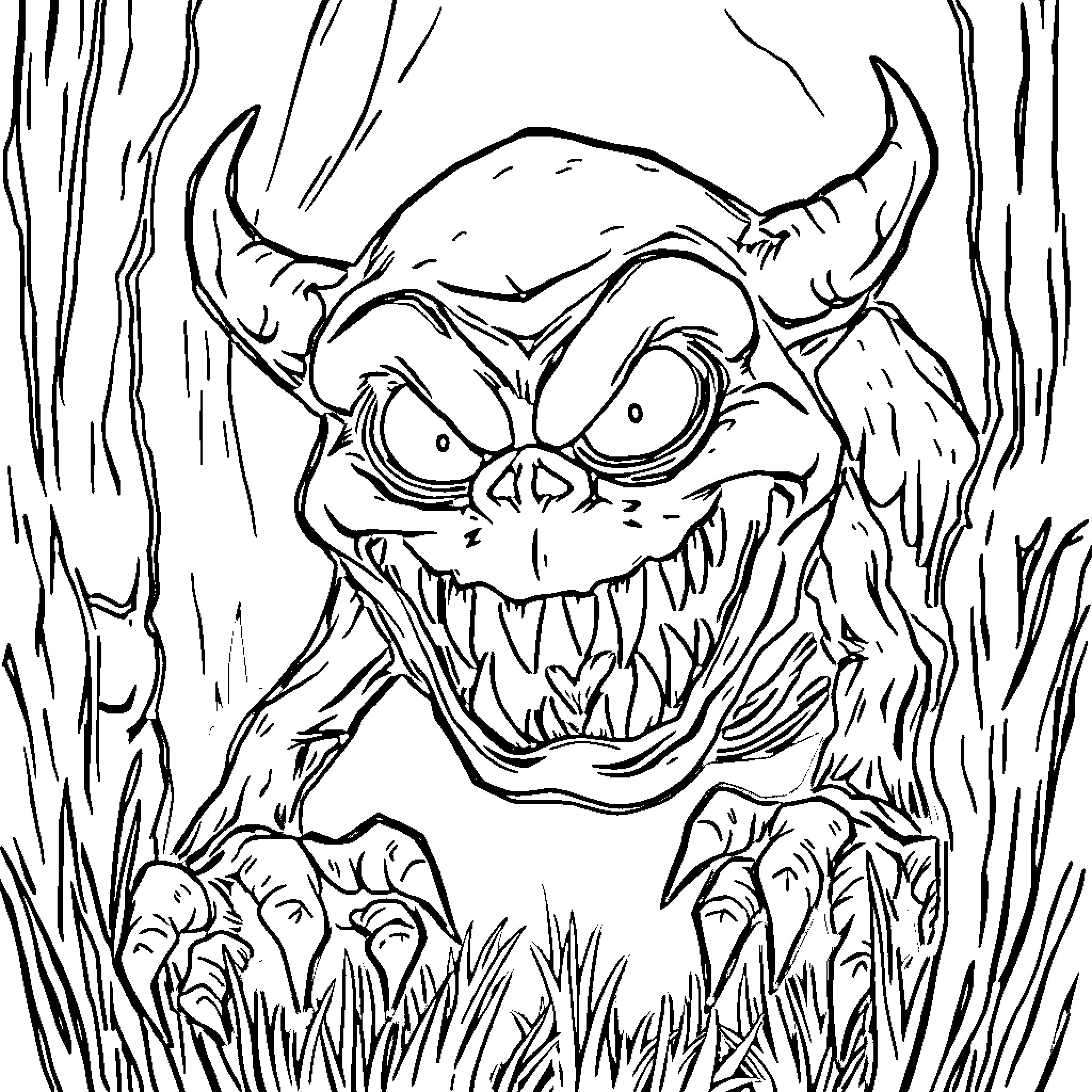 Monster lurking in the dark forest Coloring Page (free black-and-white line drawing printable PDF for all, from beginners to advanced learners, including children, teens, adults, and seniors)