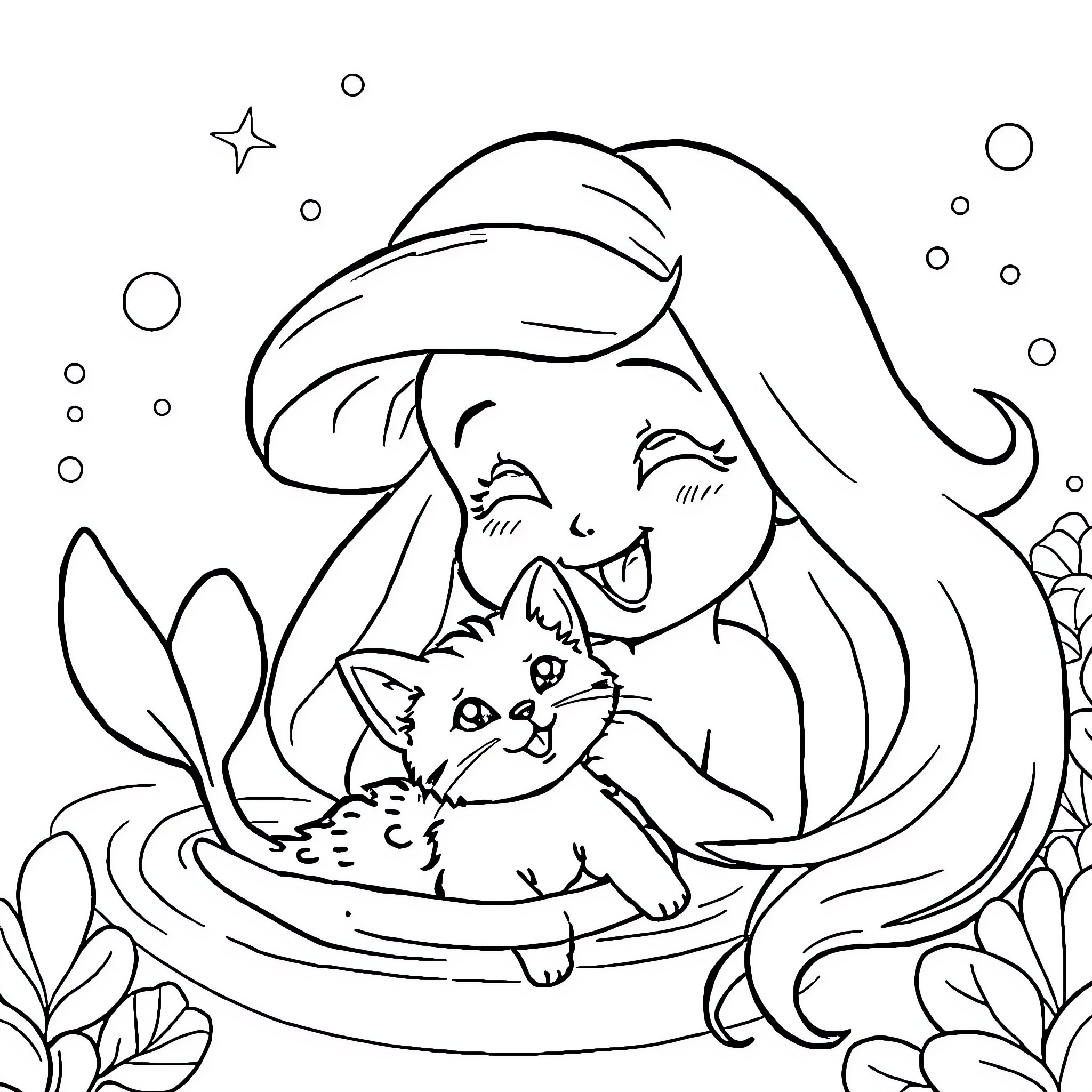Ariel playing happily with her pet cat Coloring Page (free black-and-white line drawing printable PDF for all, from beginners to advanced learners, including children, teens, adults, and seniors)