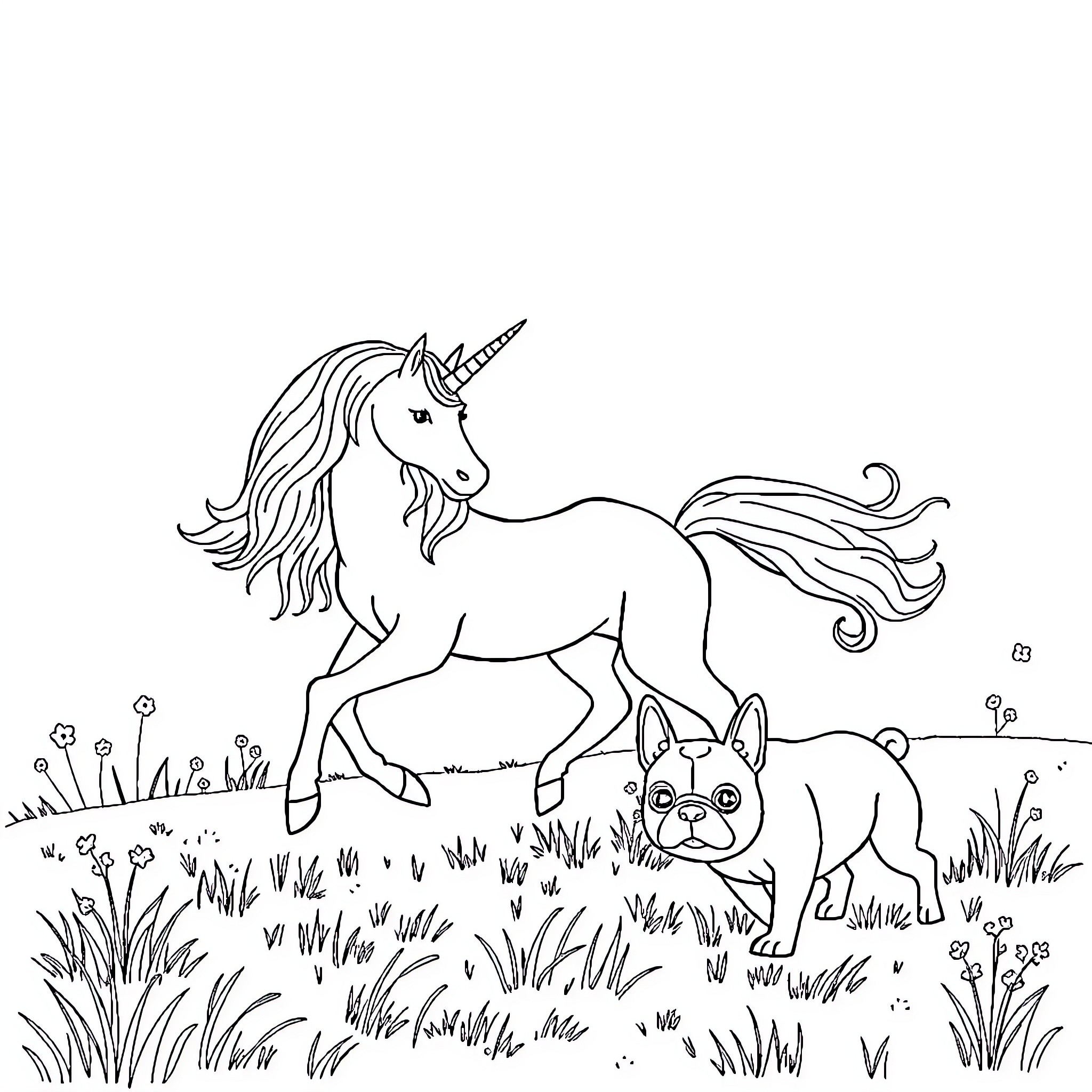 Unicorn and dog walking through grassy field Coloring Page (free black-and-white line drawing printable PDF for all, from beginners to advanced learners, including children, teens, adults, and seniors)