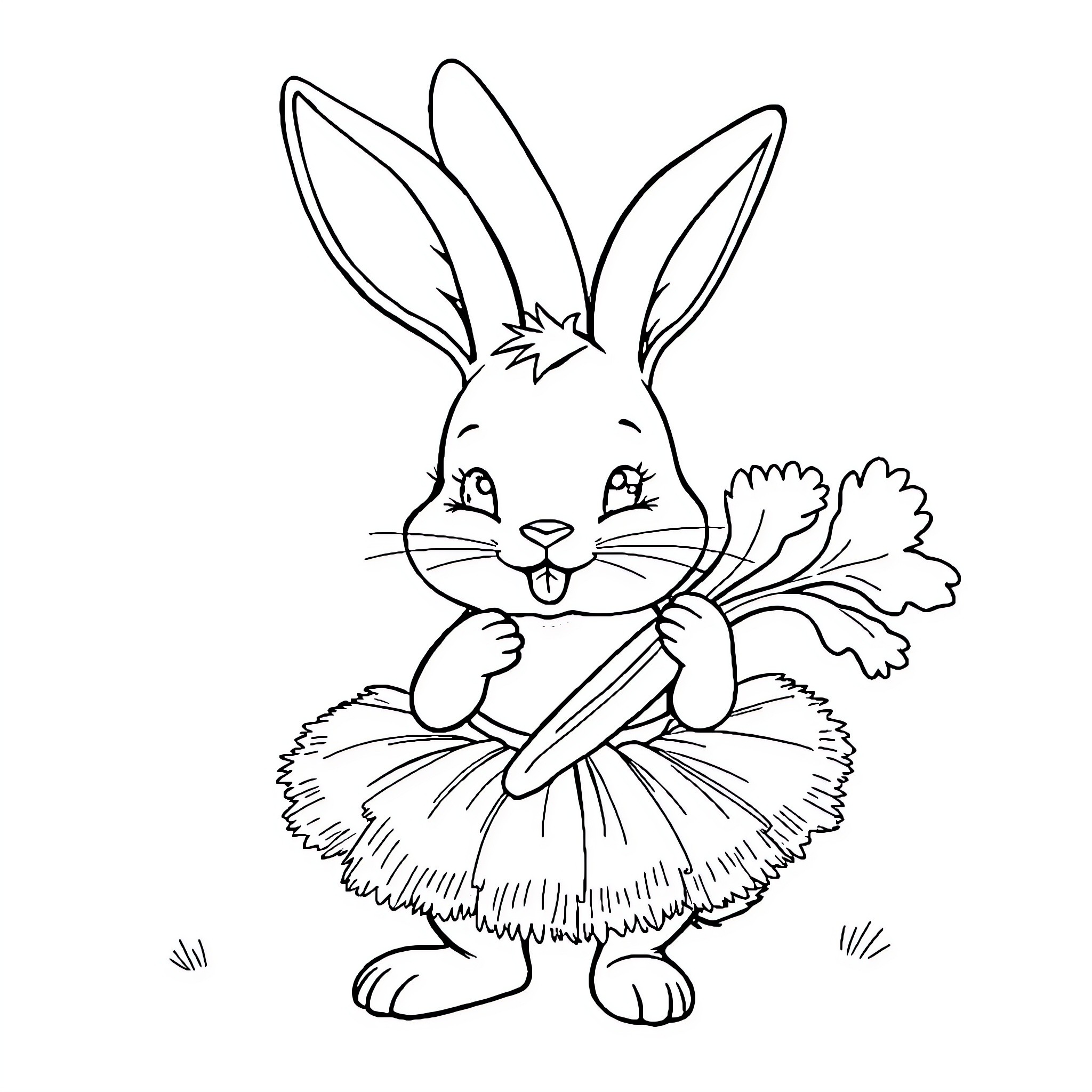 Bunny in a tutu dancing cheerfully Coloring Page (free black-and-white line drawing printable PDF for all, from beginners to advanced learners, including children, teens, adults, and seniors)