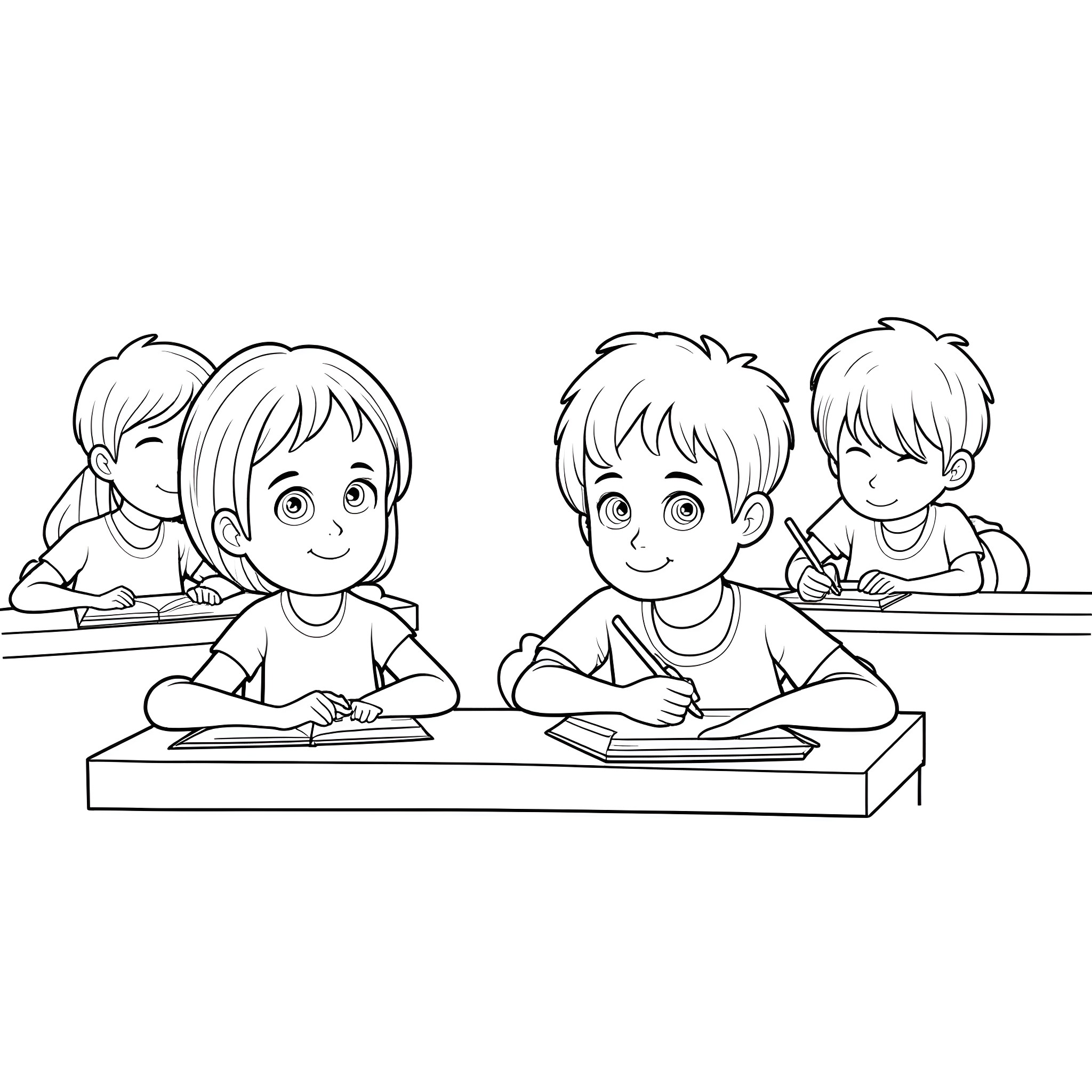 Students studying diligently in the classroom Coloring Page (free black-and-white line drawing printable PDF for all, from beginners to advanced learners, including children, teens, adults, and seniors)