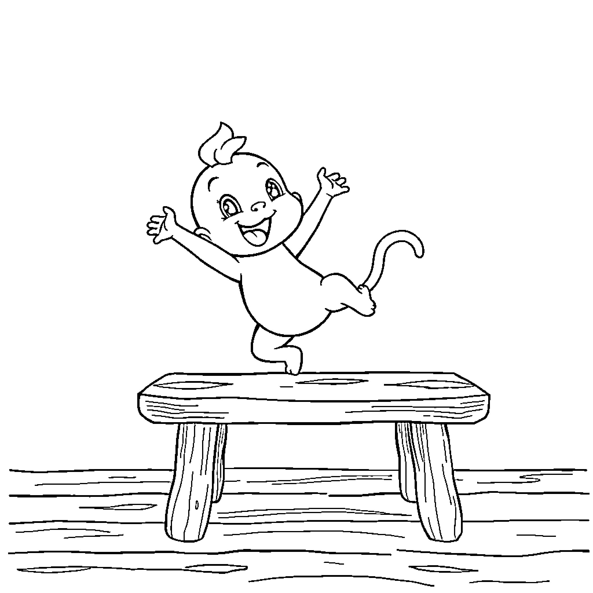 Labubu bouncing joyfully on a wooden bench Coloring Page (free black-and-white line drawing printable PDF for all, from beginners to advanced learners, including children, teens, adults, and seniors)