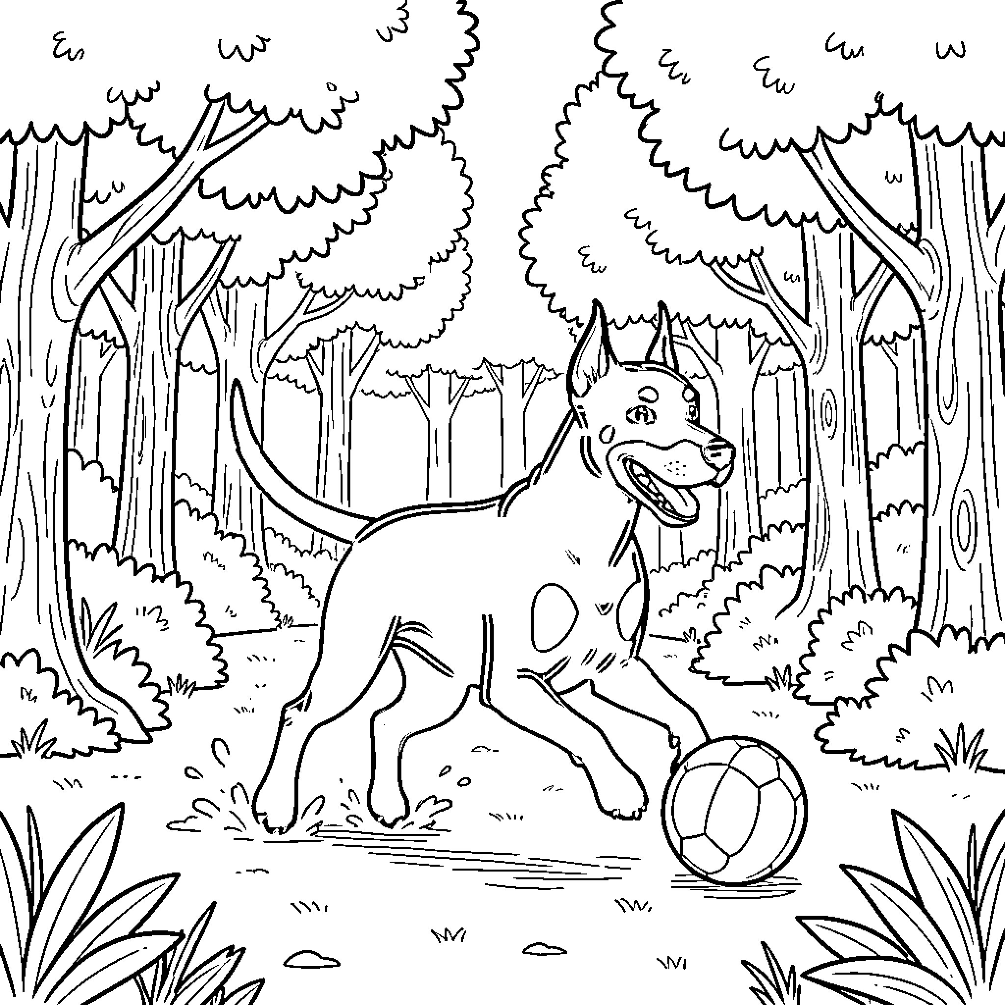 Doberman playing with ball in the forest Coloring Page (free black-and-white line drawing printable PDF for all, from beginners to advanced learners, including children, teens, adults, and seniors)