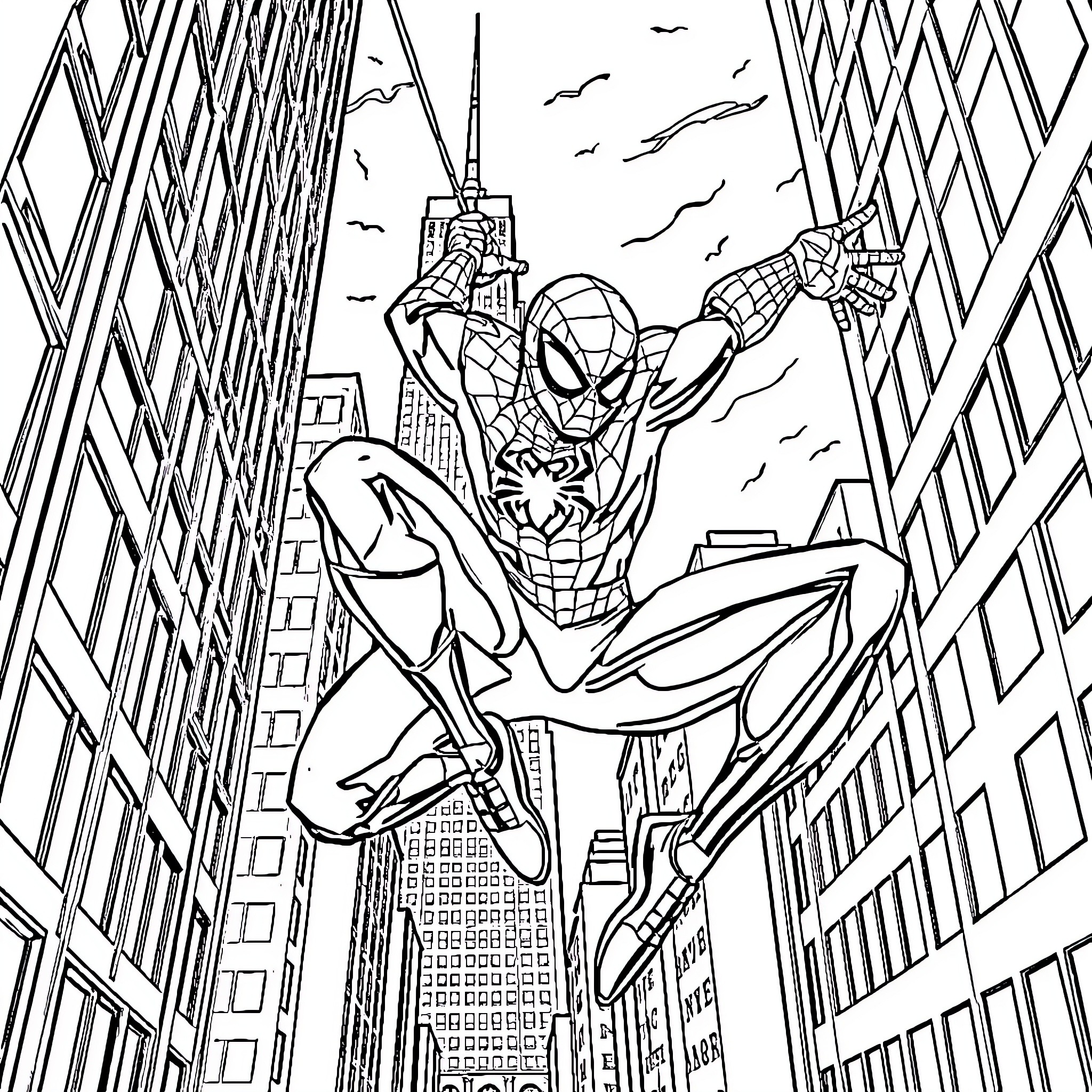 Spiderman swinging through the city skyline Coloring Page (free black-and-white line drawing printable PDF for all, from beginners to advanced learners, including children, teens, adults, and seniors)
