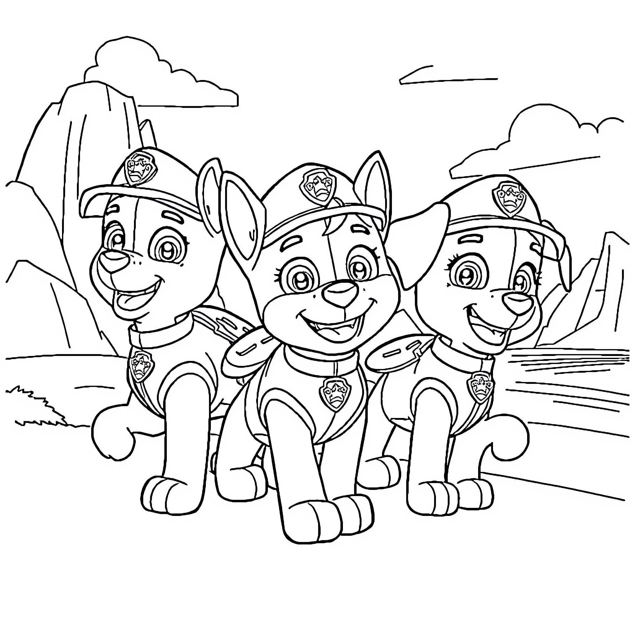 Paw Patrol puppies on a mission Coloring Page (free black-and-white line drawing printable PDF for all, from beginners to advanced learners, including children, teens, adults, and seniors)