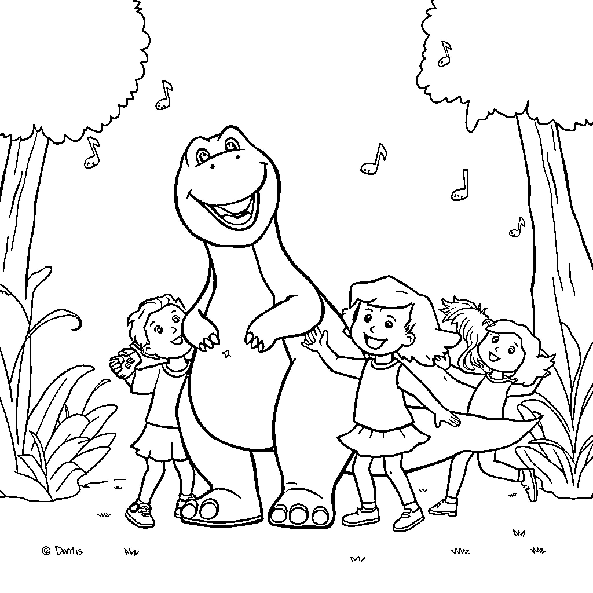 Barney happily singing and dancing with children in the park Coloring Page (free black-and-white line drawing printable PDF for all, from beginners to advanced learners, including children, teens, adults, and seniors)