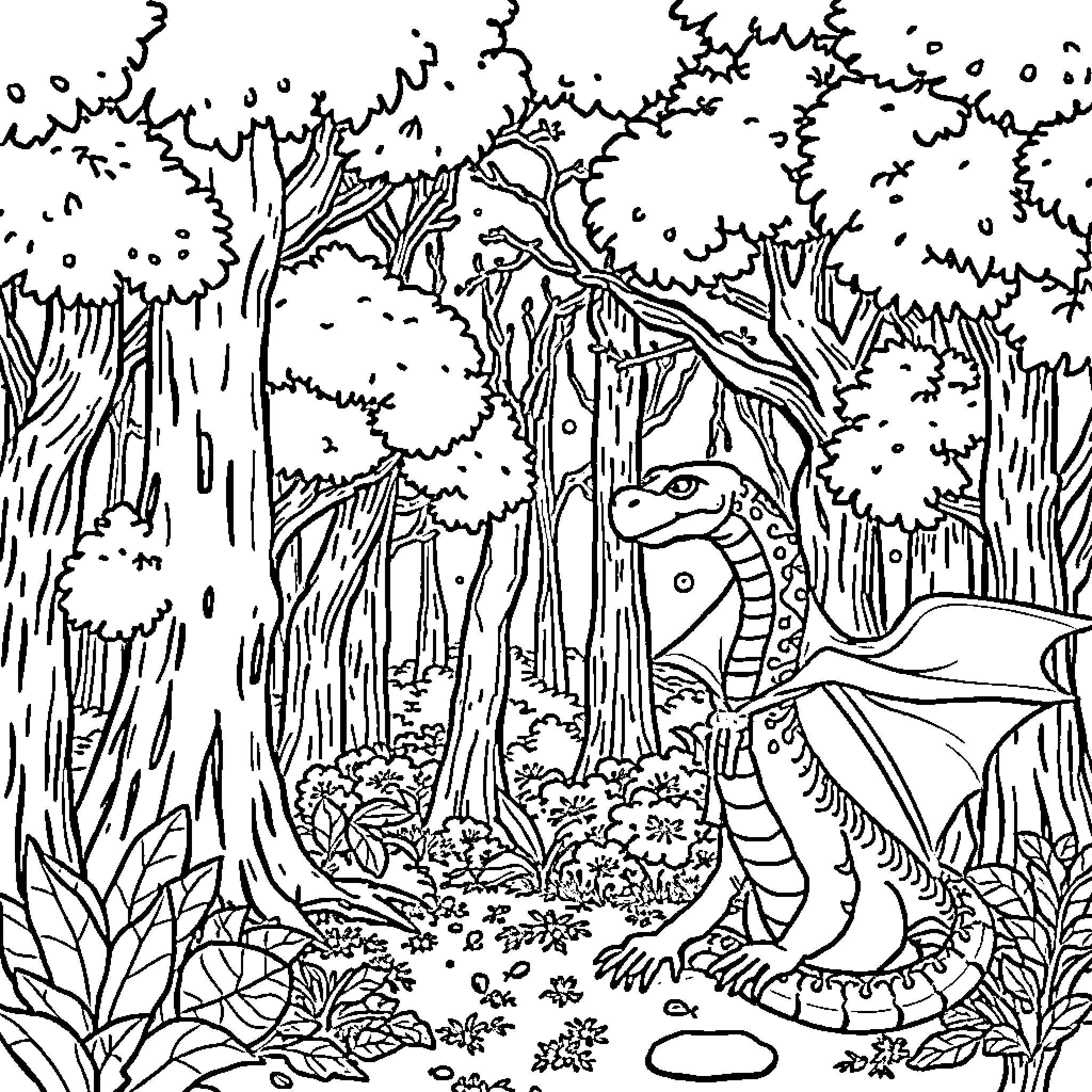 Serpent slithering through the enchanted forest Coloring Page (free black-and-white line drawing printable PDF for all, from beginners to advanced learners, including children, teens, adults, and seniors)