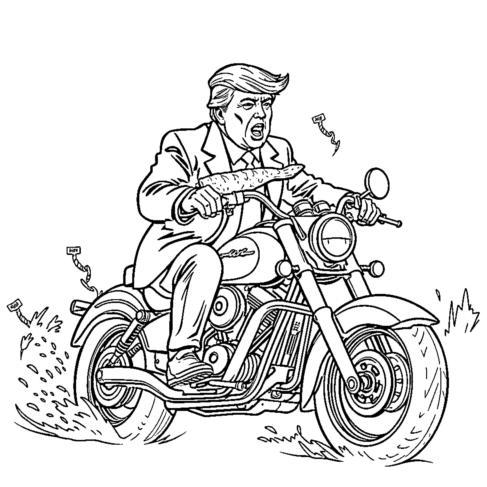 Donald Trump riding a motorcycle in a suit Coloring Page (free black-and-white line drawing printable PDF for all, from beginners to advanced learners, including children, teens, adults, and seniors)