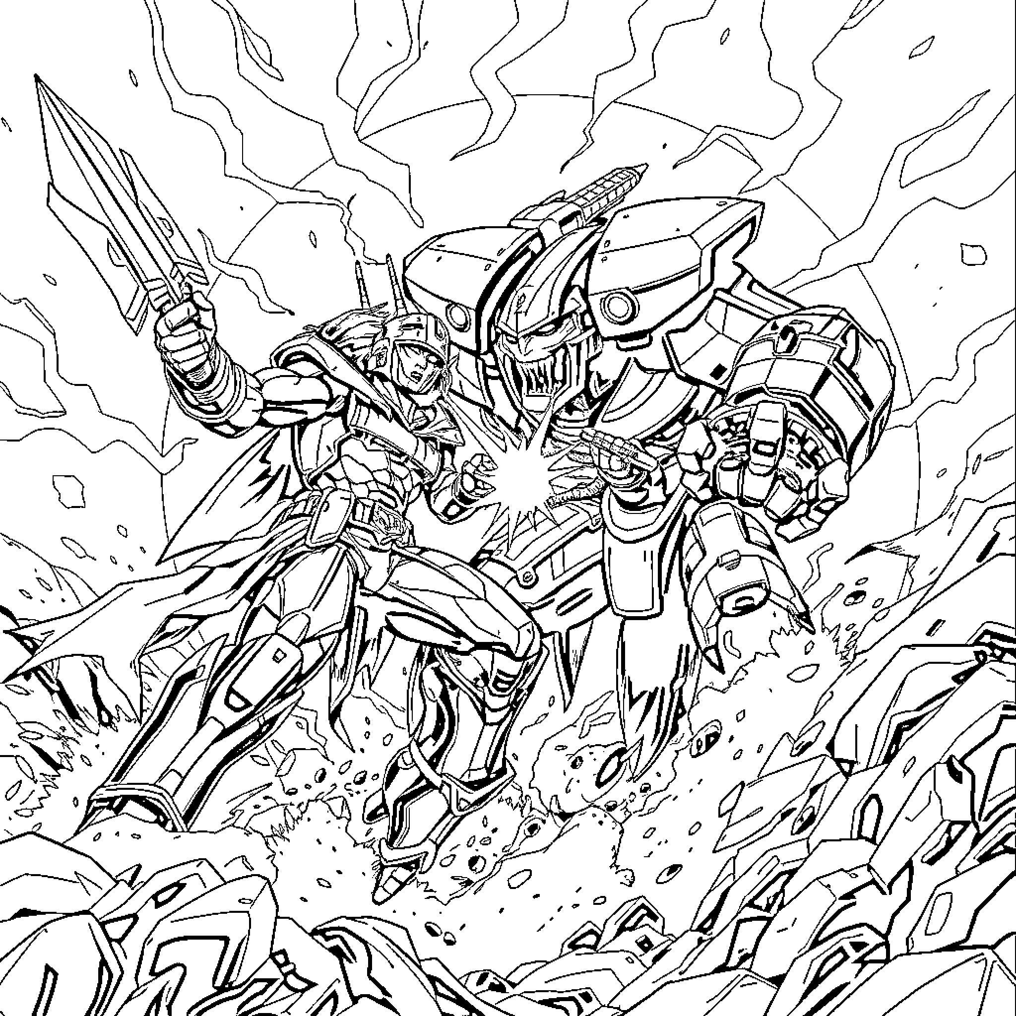 Leviator mech charging into battle with fierce determination Coloring Page (free black-and-white line drawing printable PDF for all, from beginners to advanced learners, including children, teens, adults, and seniors)