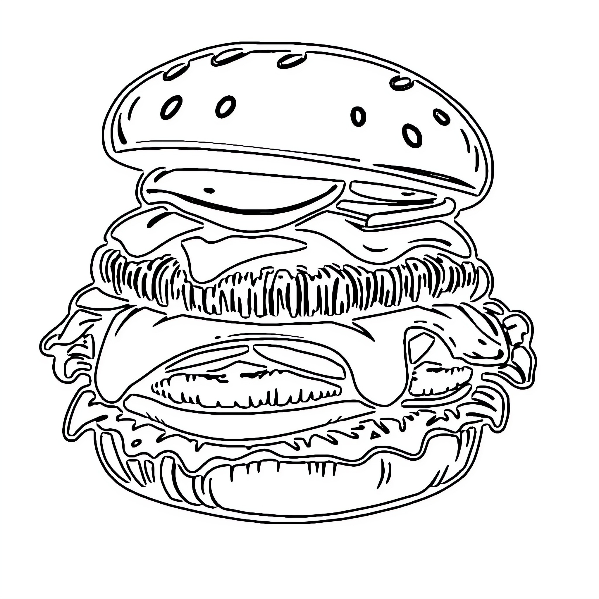 Burger with Tasty Ingredients Coloring Page (free black-and-white line drawing printable PDF for all, from beginners to advanced learners, including children, teens, adults, and seniors)