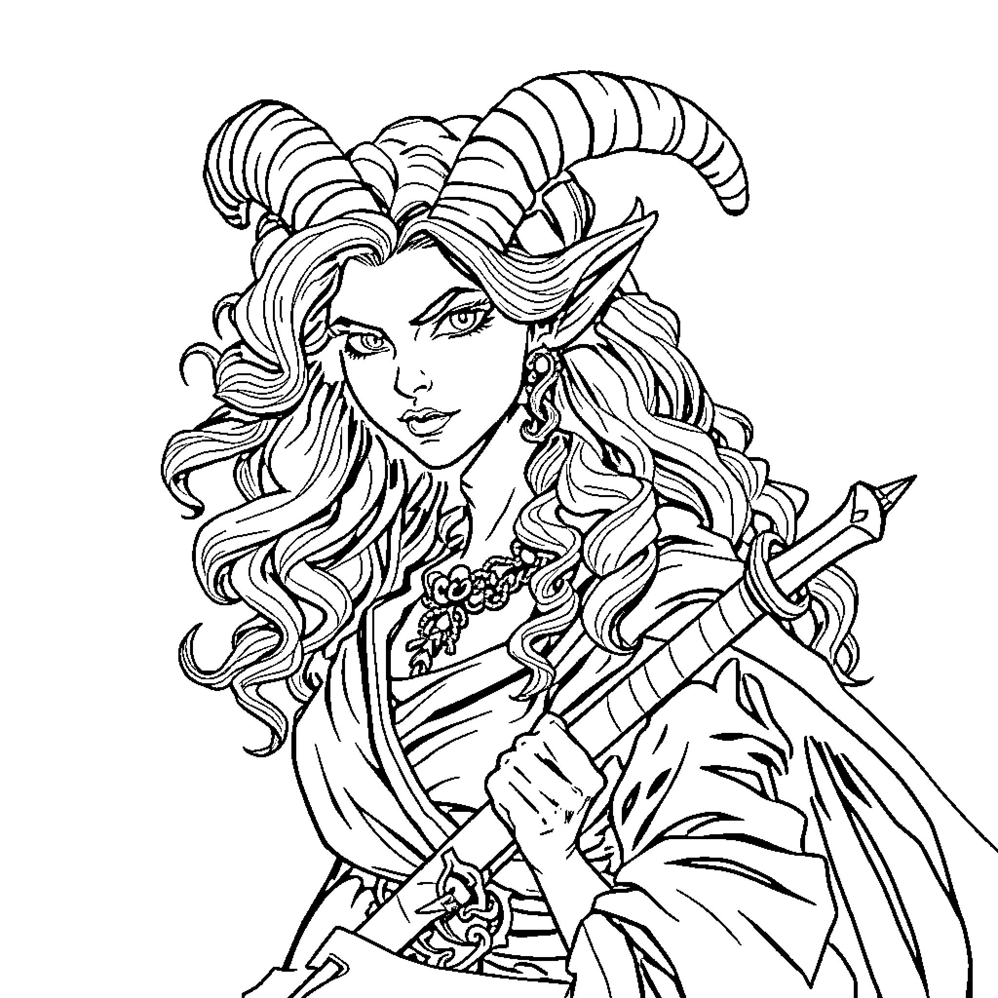 Tiefling warrior wielding a sword with determination Coloring Page (free black-and-white line drawing printable PDF for all, from beginners to advanced learners, including children, teens, adults, and seniors)