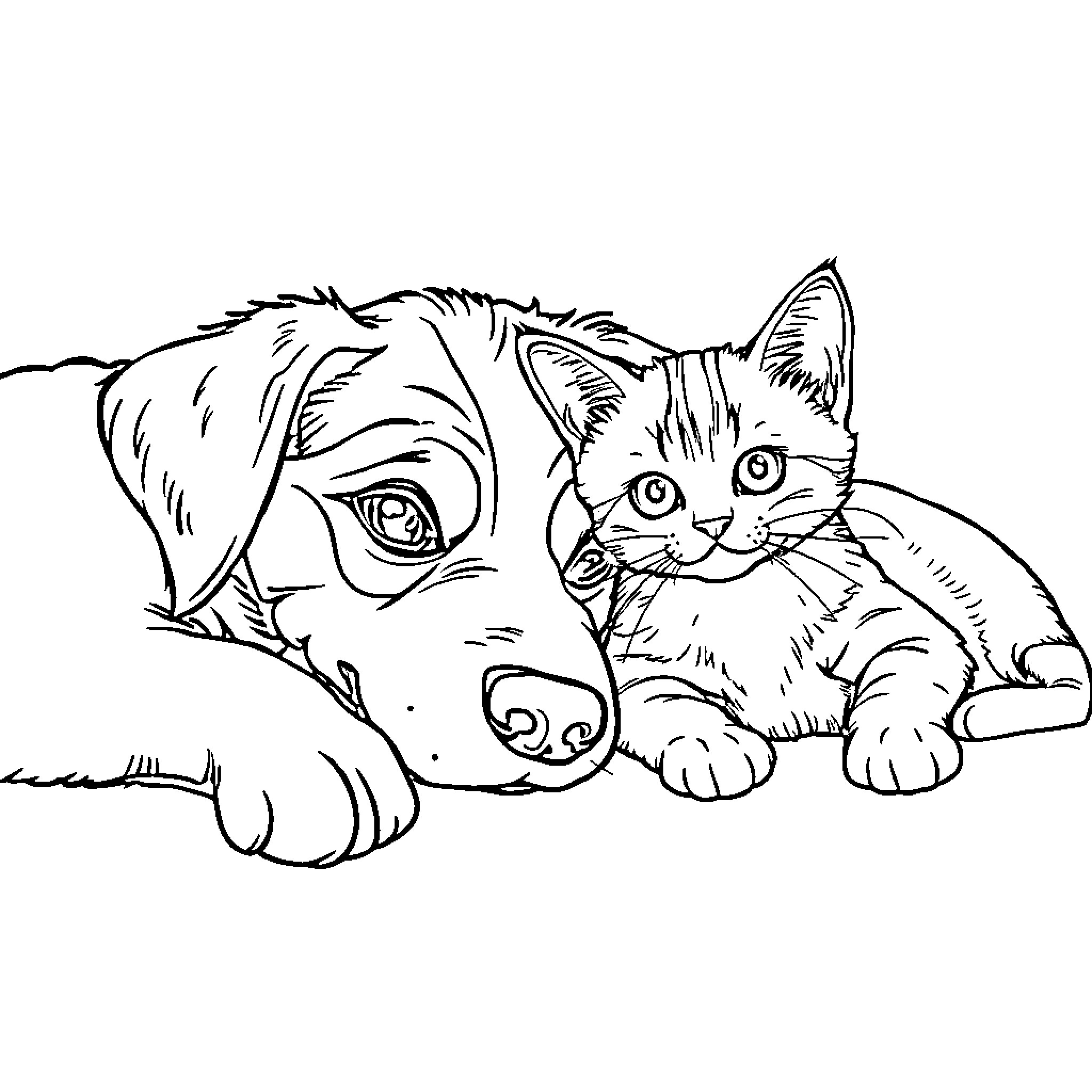 Dog and Kitten Playing Together Coloring Page (free black-and-white line drawing printable PDF for all, from beginners to advanced learners, including children, teens, adults, and seniors)