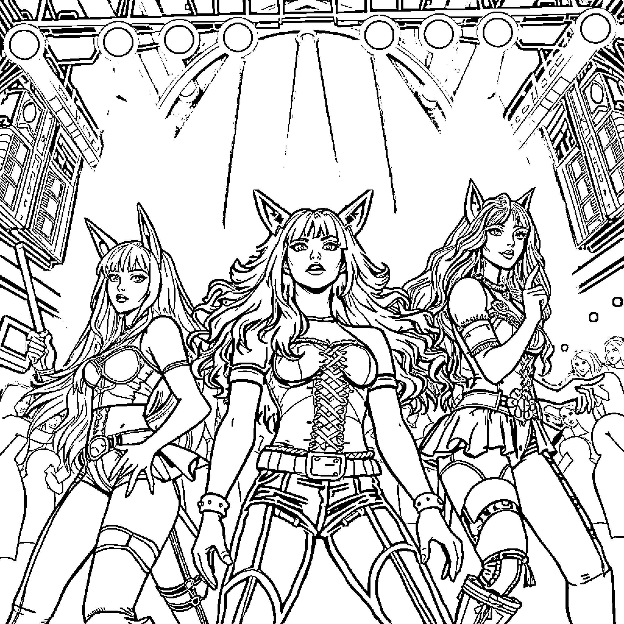 K Pop Warrior Trio Commanding the Stage Coloring Page (free black-and-white line drawing printable PDF for all, from beginners to advanced learners, including children, teens, adults, and seniors)