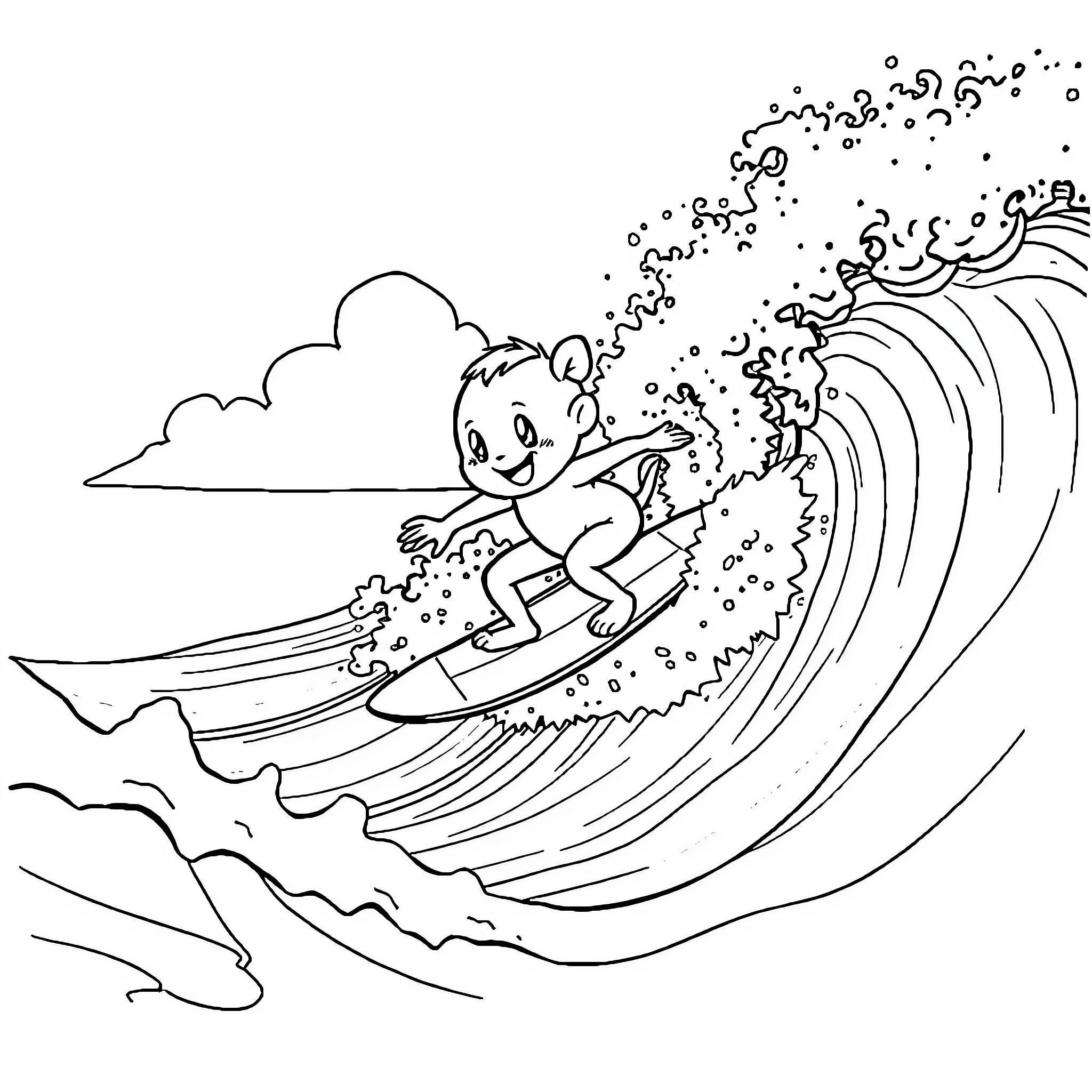 Bluey surfing on a big wave Coloring Page (free black-and-white line drawing printable PDF for all, from beginners to advanced learners, including children, teens, adults, and seniors)