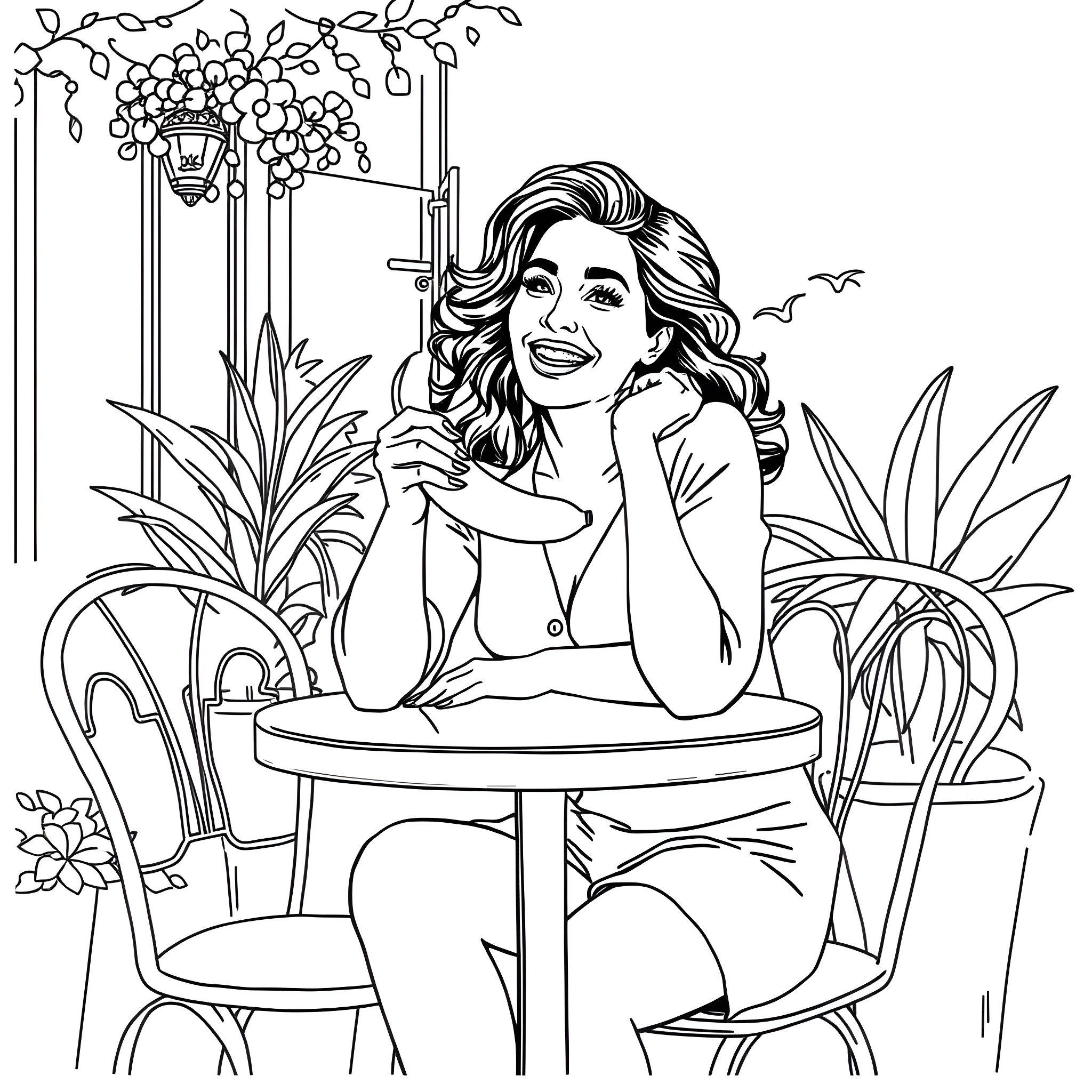 Salma Hayek relaxing in a garden setting Coloring Page (free black-and-white line drawing printable PDF for all, from beginners to advanced learners, including children, teens, adults, and seniors)